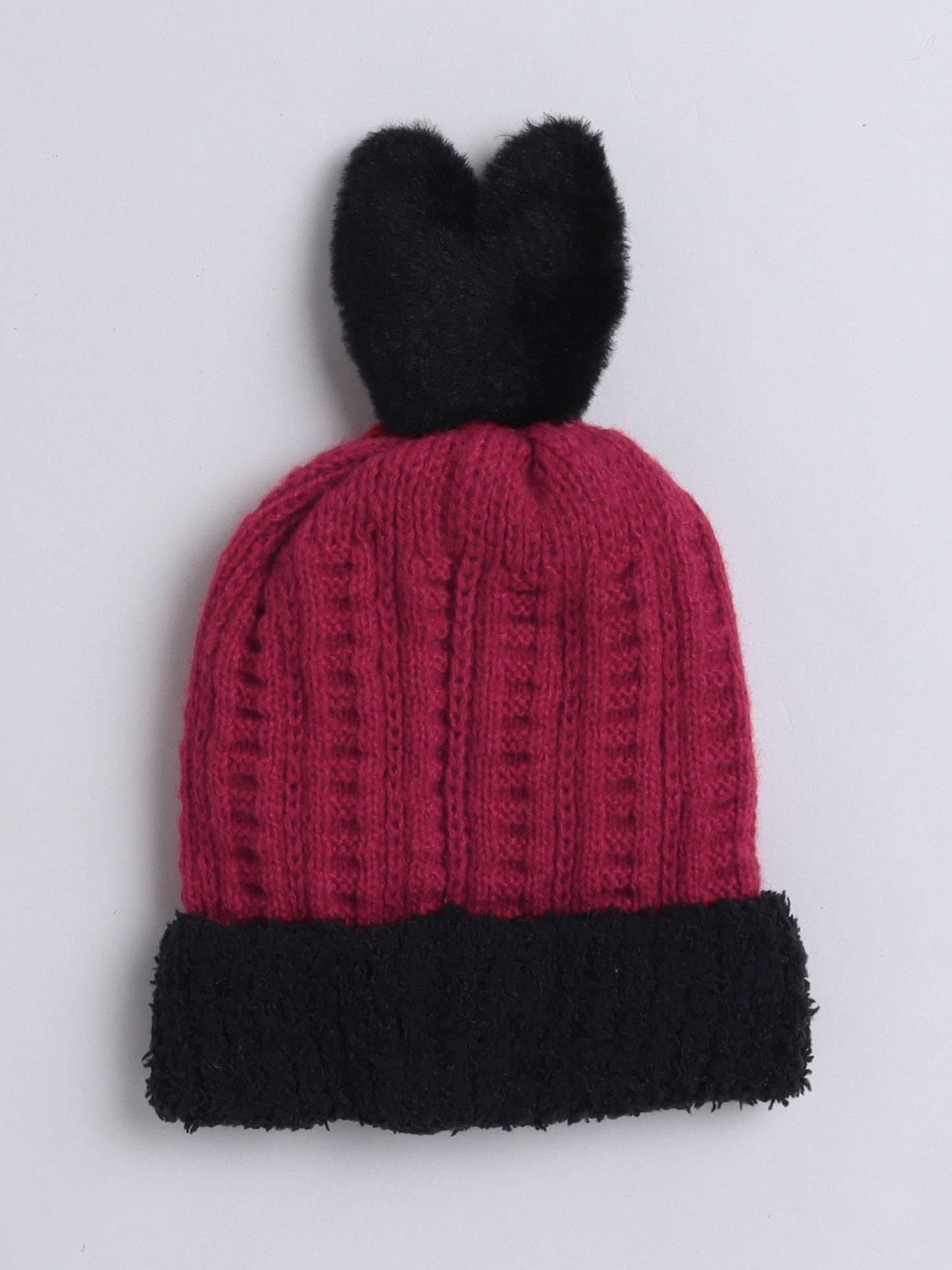 Kids Cute Bunny Ear Applique Woolen Cap Maroon
