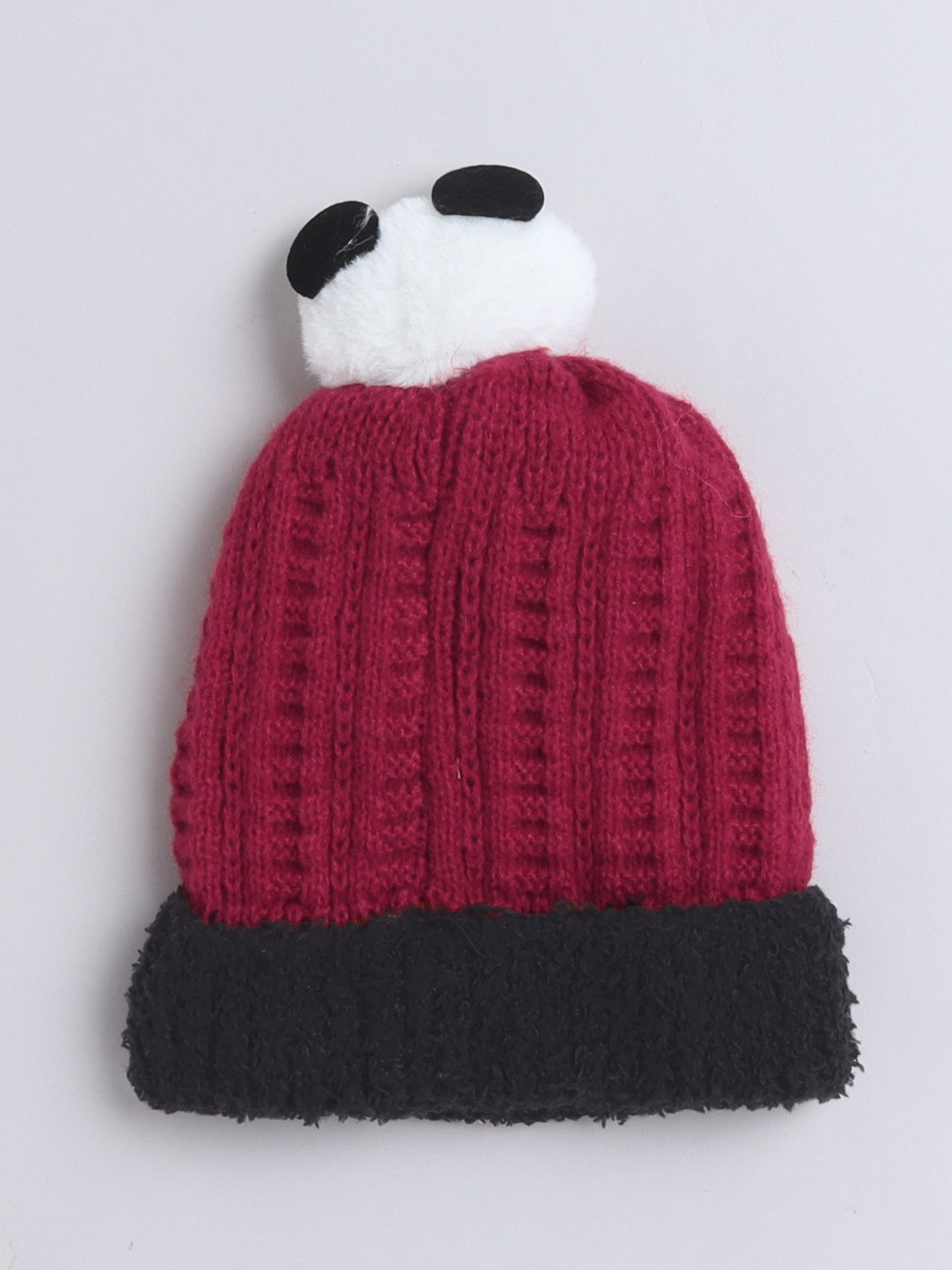 Kids Cute Panda Applique Woolen Cap Maroon
