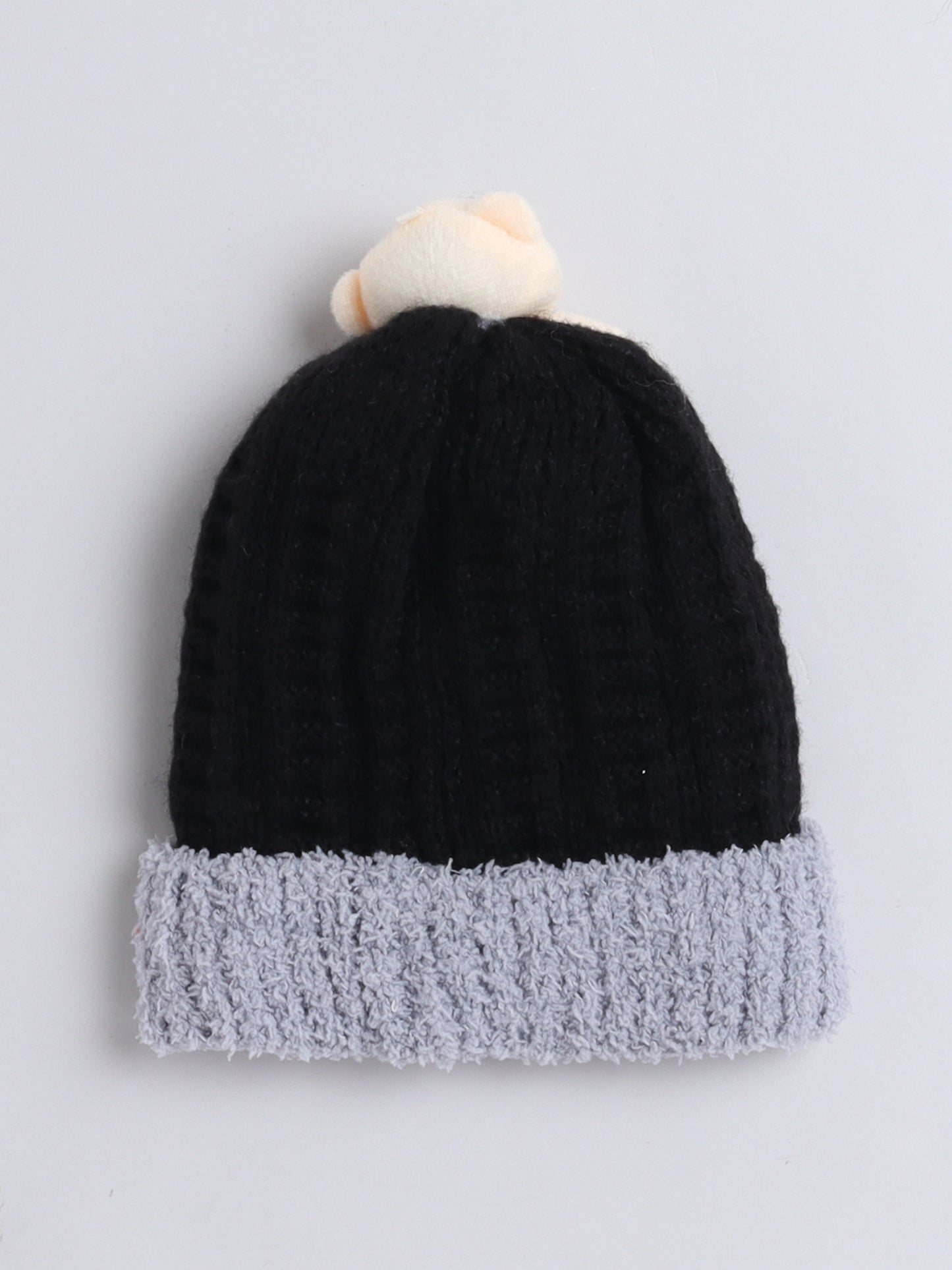 Kids Cute Bear Applique Woolen Cap Black