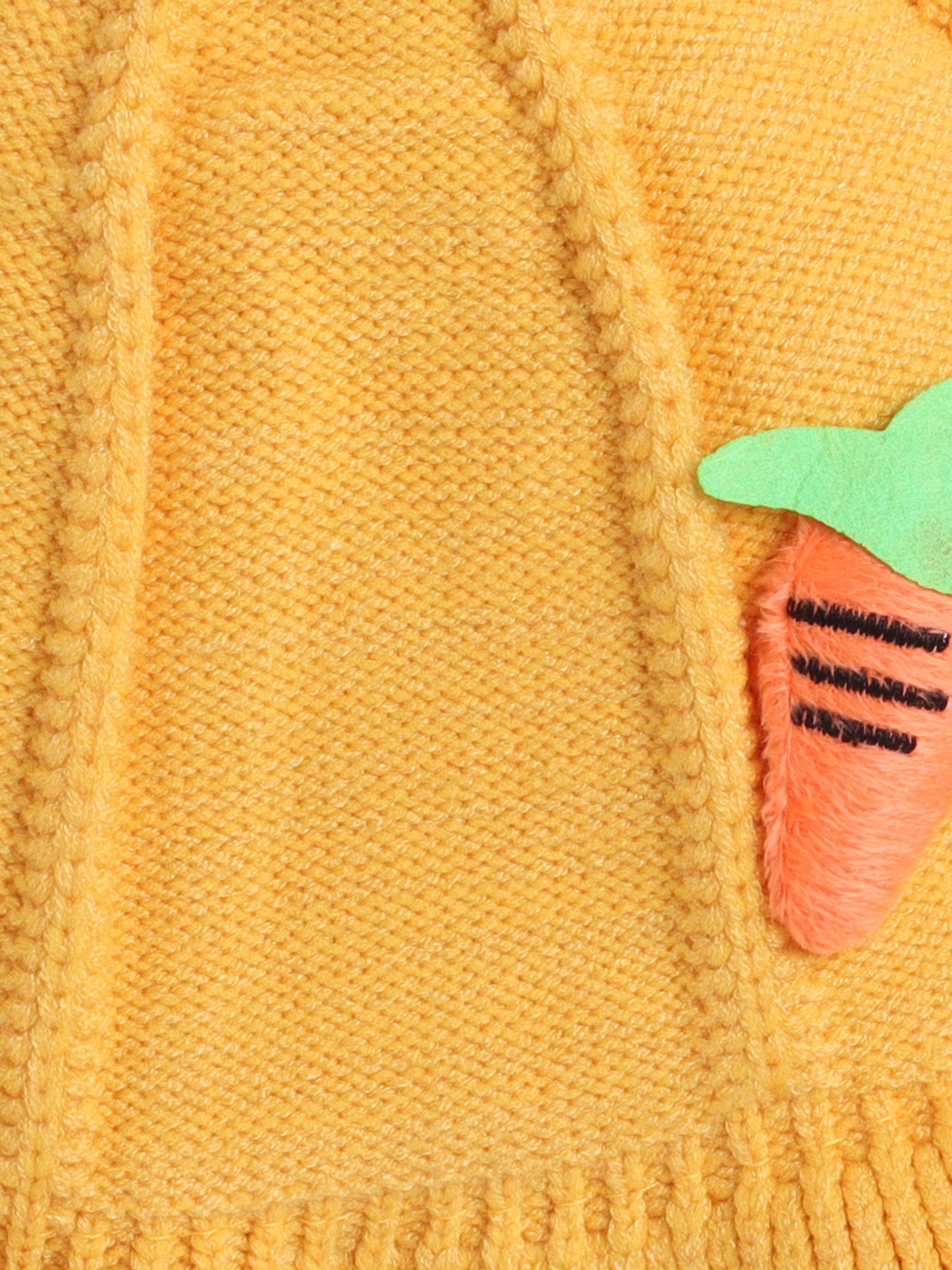 Kids Cute Carrot Applique Woolen Cap With Pom Pom Mustard