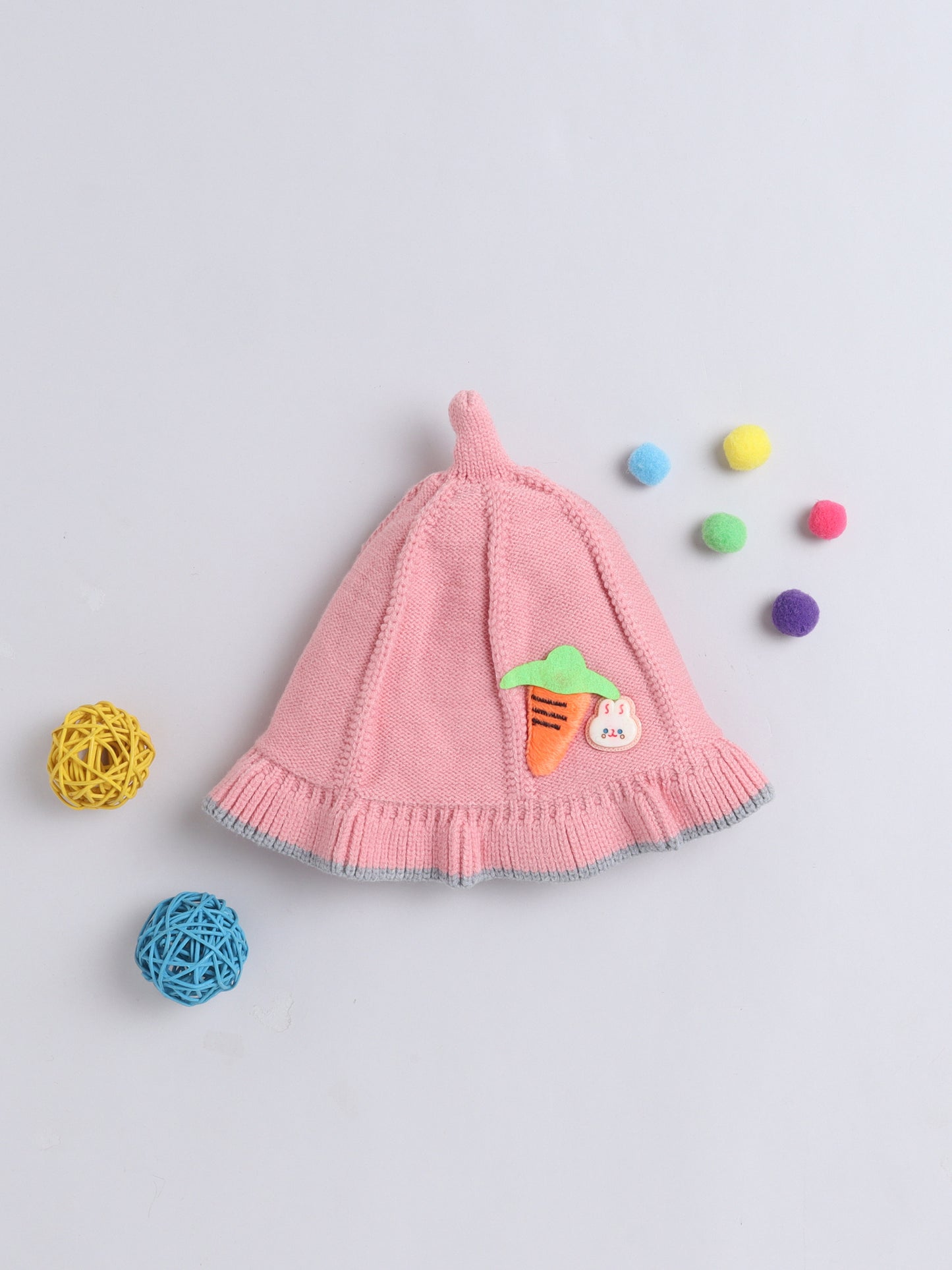 Kids Cute Carrot Applique Woolen Cap With Pom Pom Peach