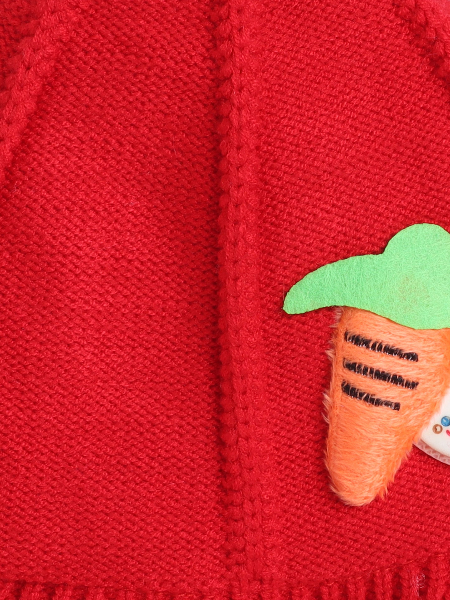 Kids Cute Carrot Applique Woolen Cap With Pom Pom Red
