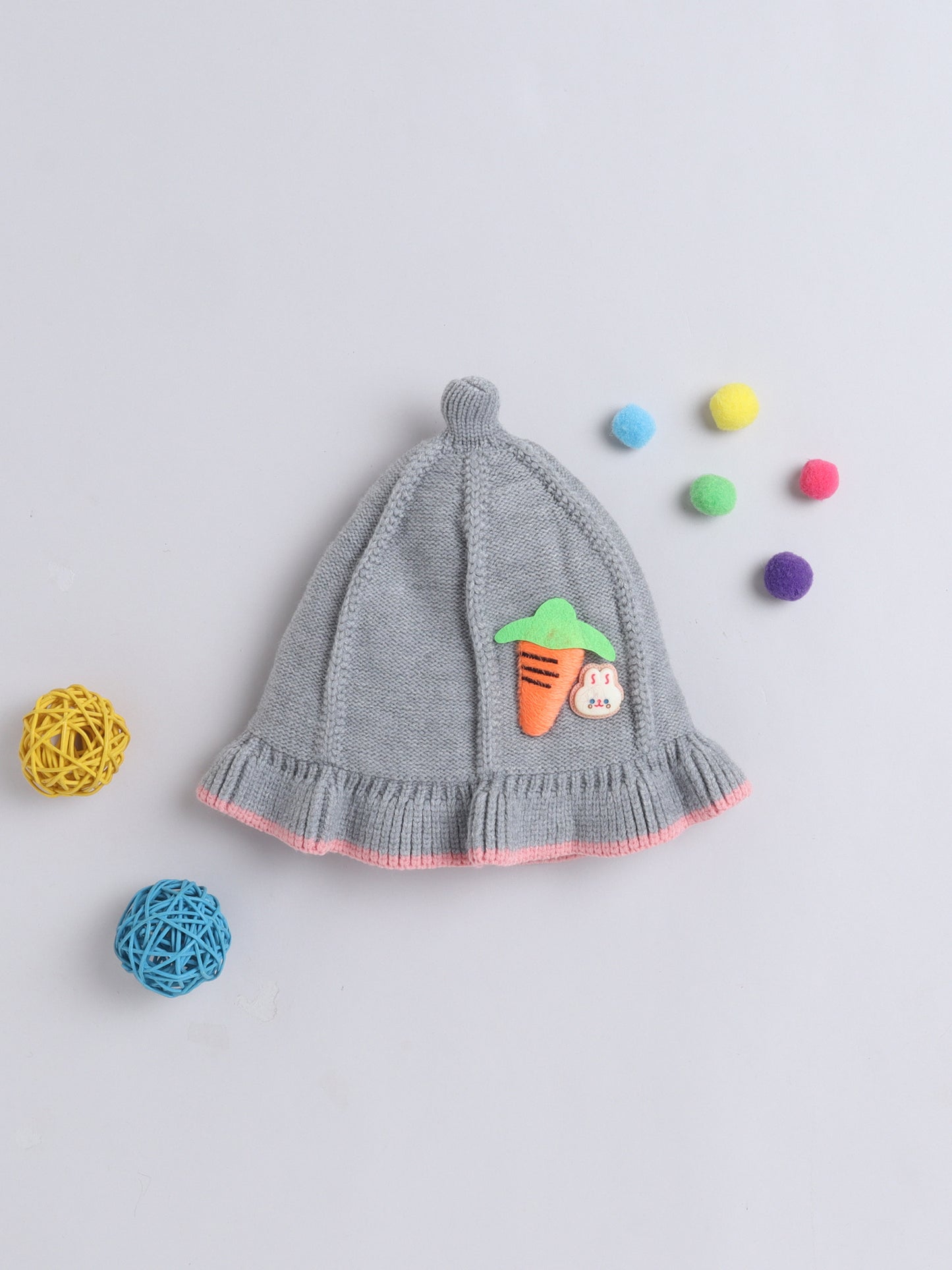 Kids Cute Carrot Applique Woolen Cap With Pom Pom Grey