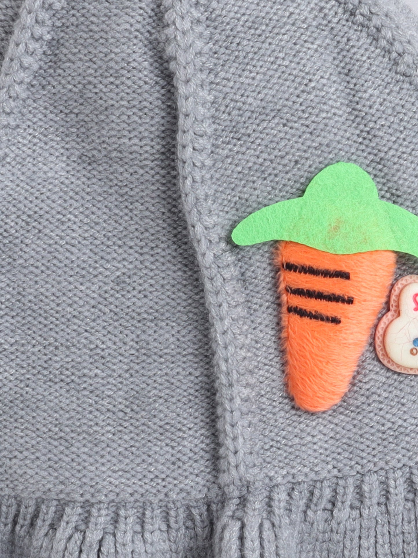 Kids Cute Carrot Applique Woolen Cap With Pom Pom Grey