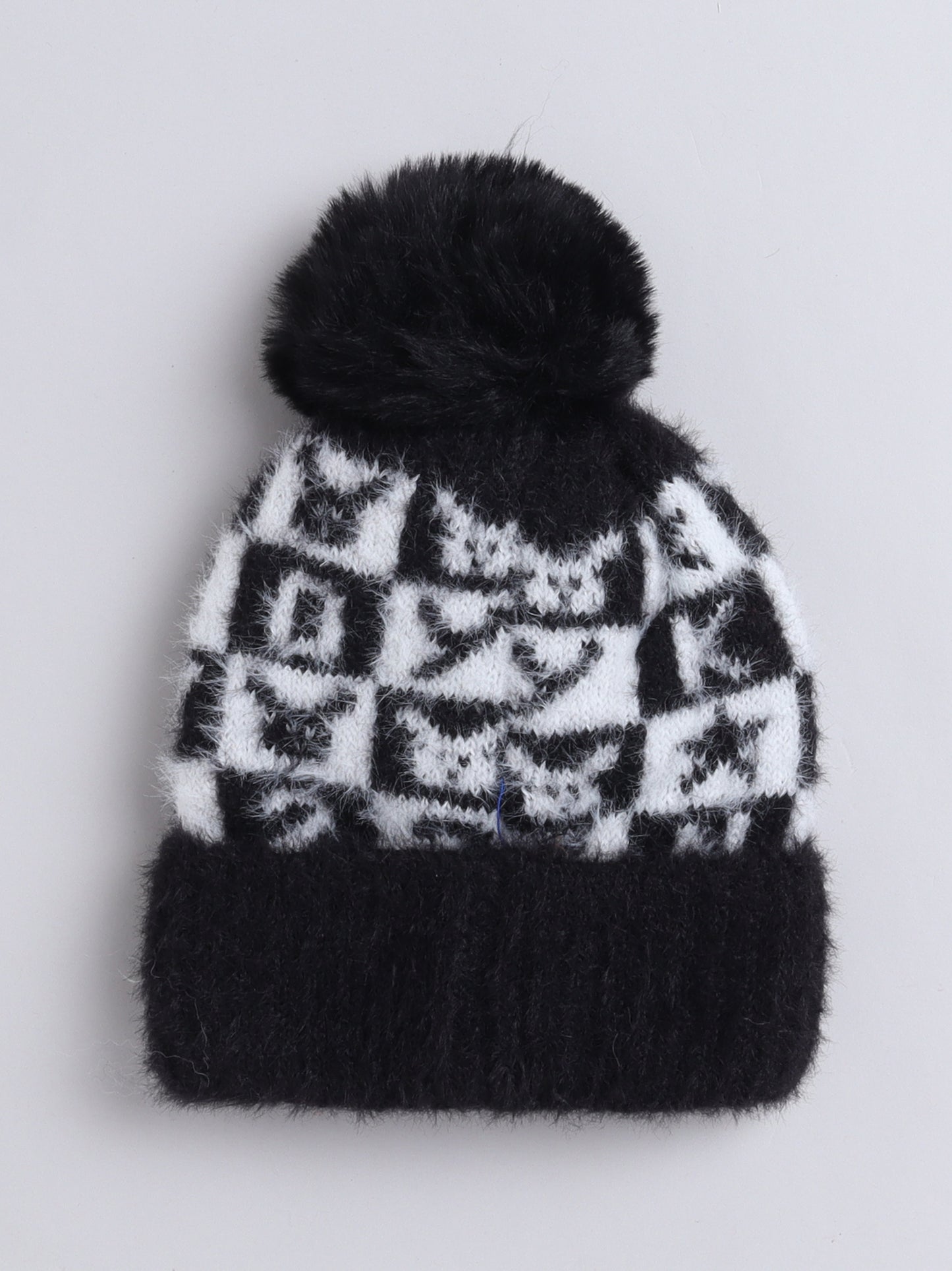 Kids Cute Alphabet Design Woolen Cap With Pom Pom Black