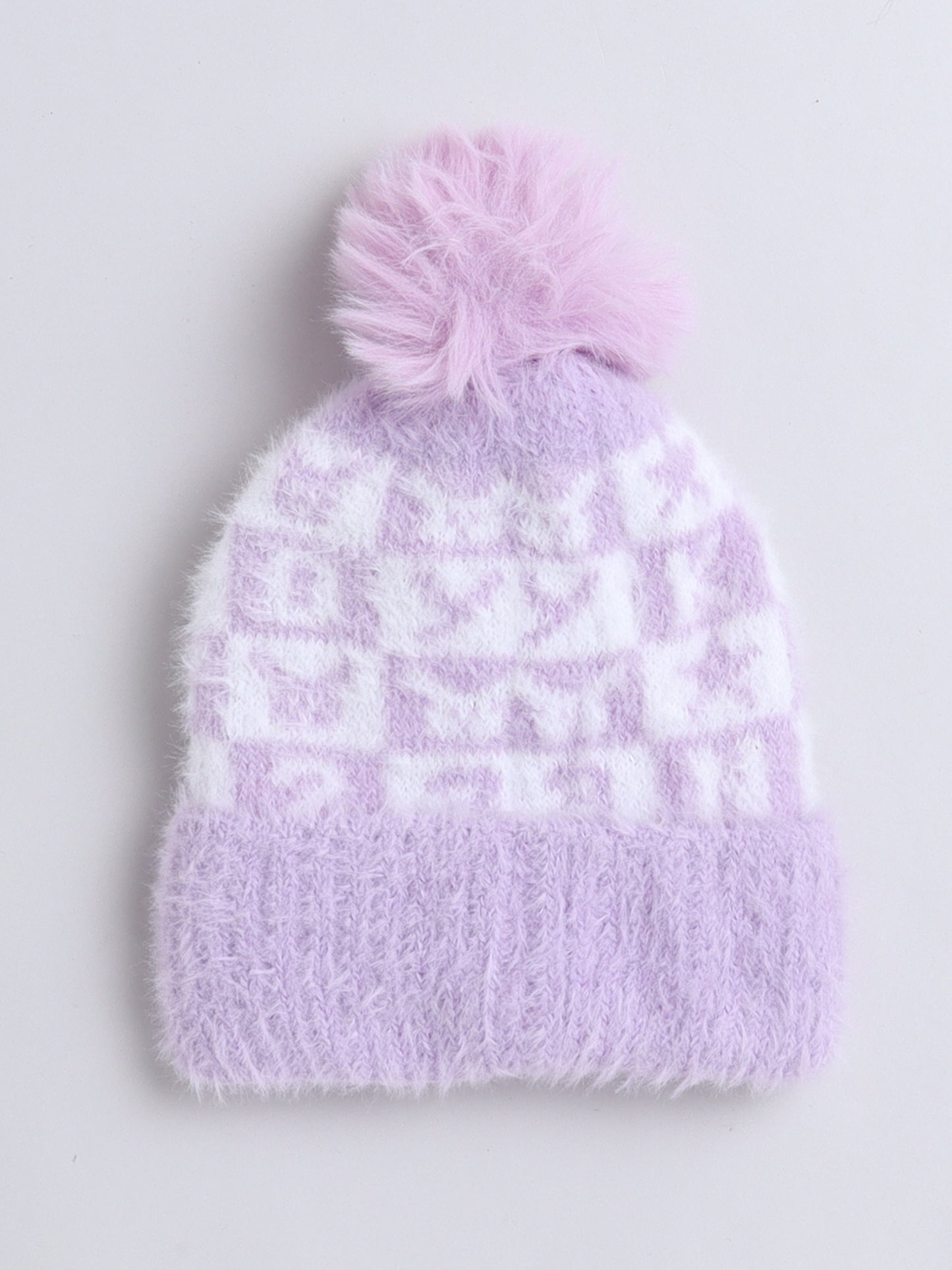 Kids Cute Alphabet Design Woolen Cap With Pom Pom Purple