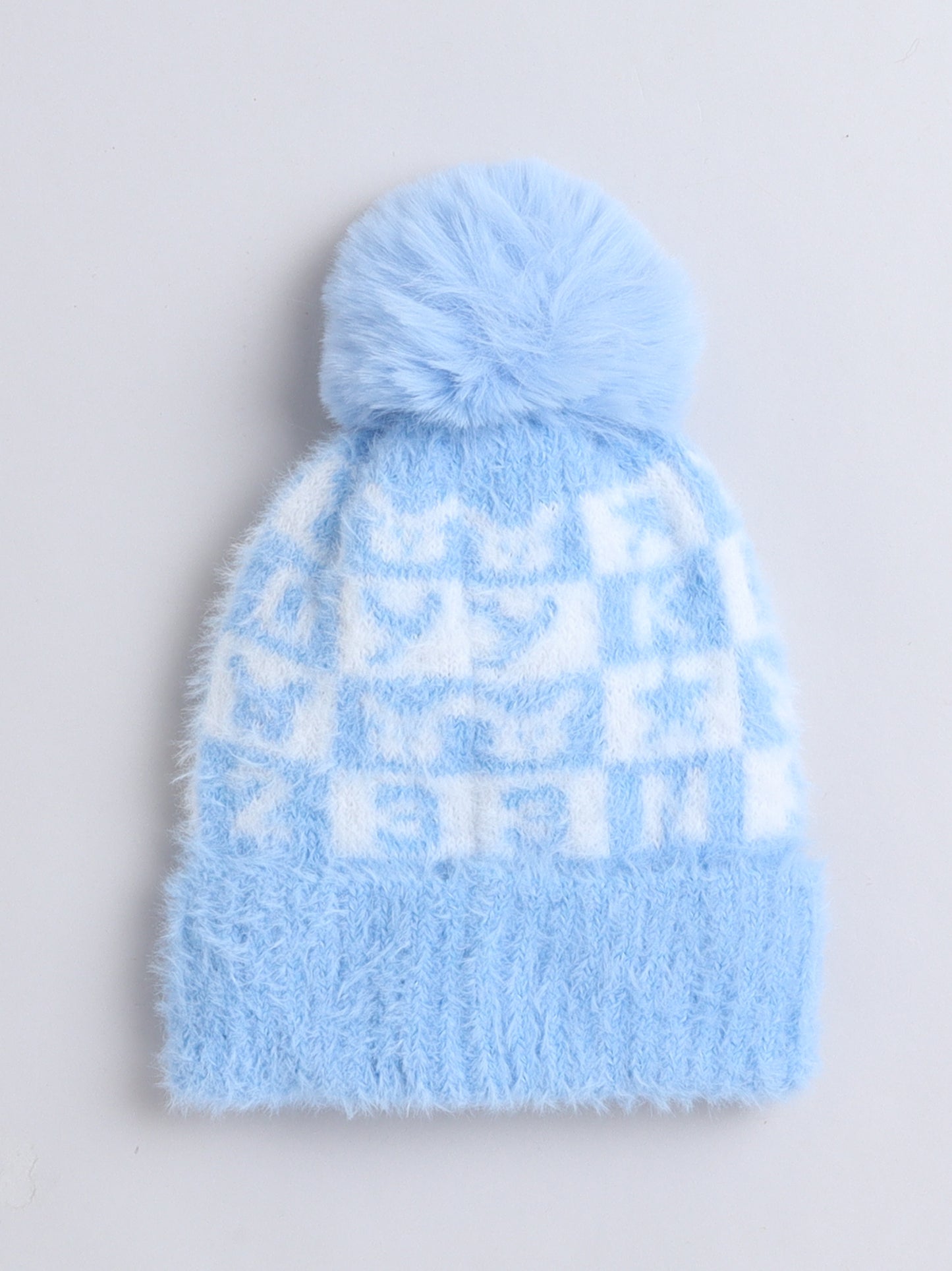 Kids Cute Alphabet Design Woolen Cap With Pom Pom Blue