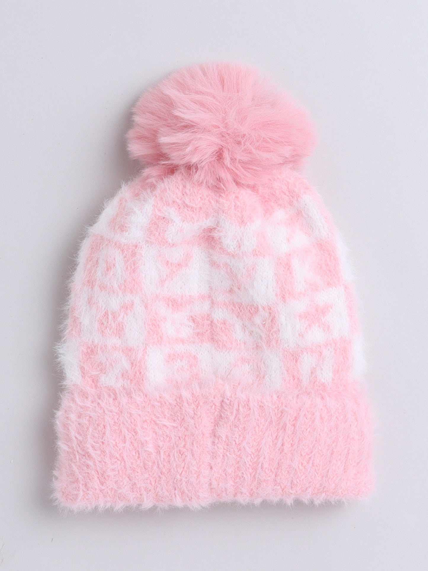 Kids Cute Alphabet Design Woolen Cap With Pom Pom Peach
