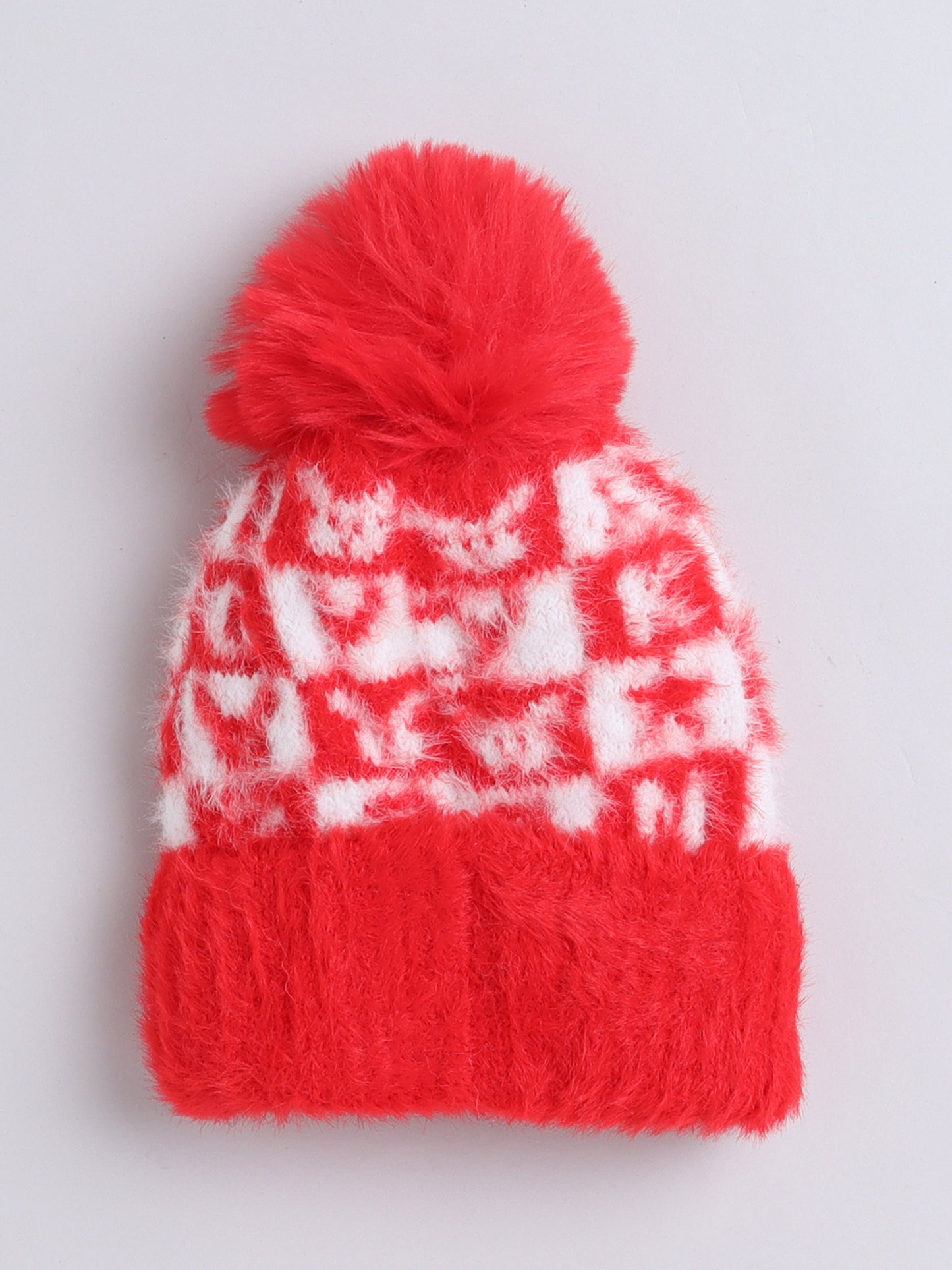 Kids Cute Alphabet Design Woolen Cap With Pom Pom Red
