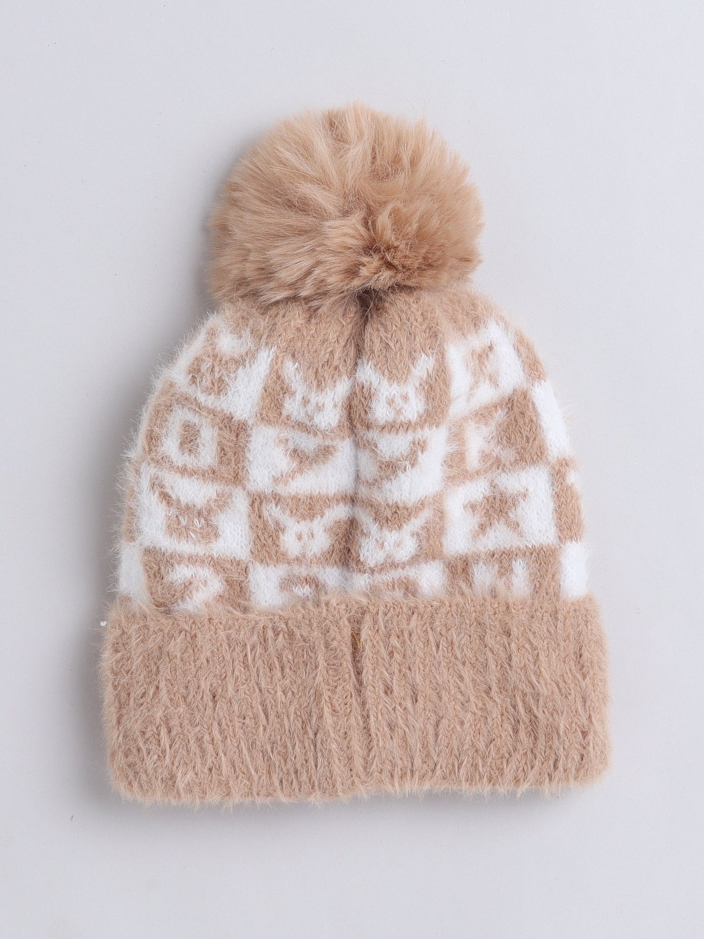 Kids Cute Alphabet Design Woolen Cap With Pom Pom Brown