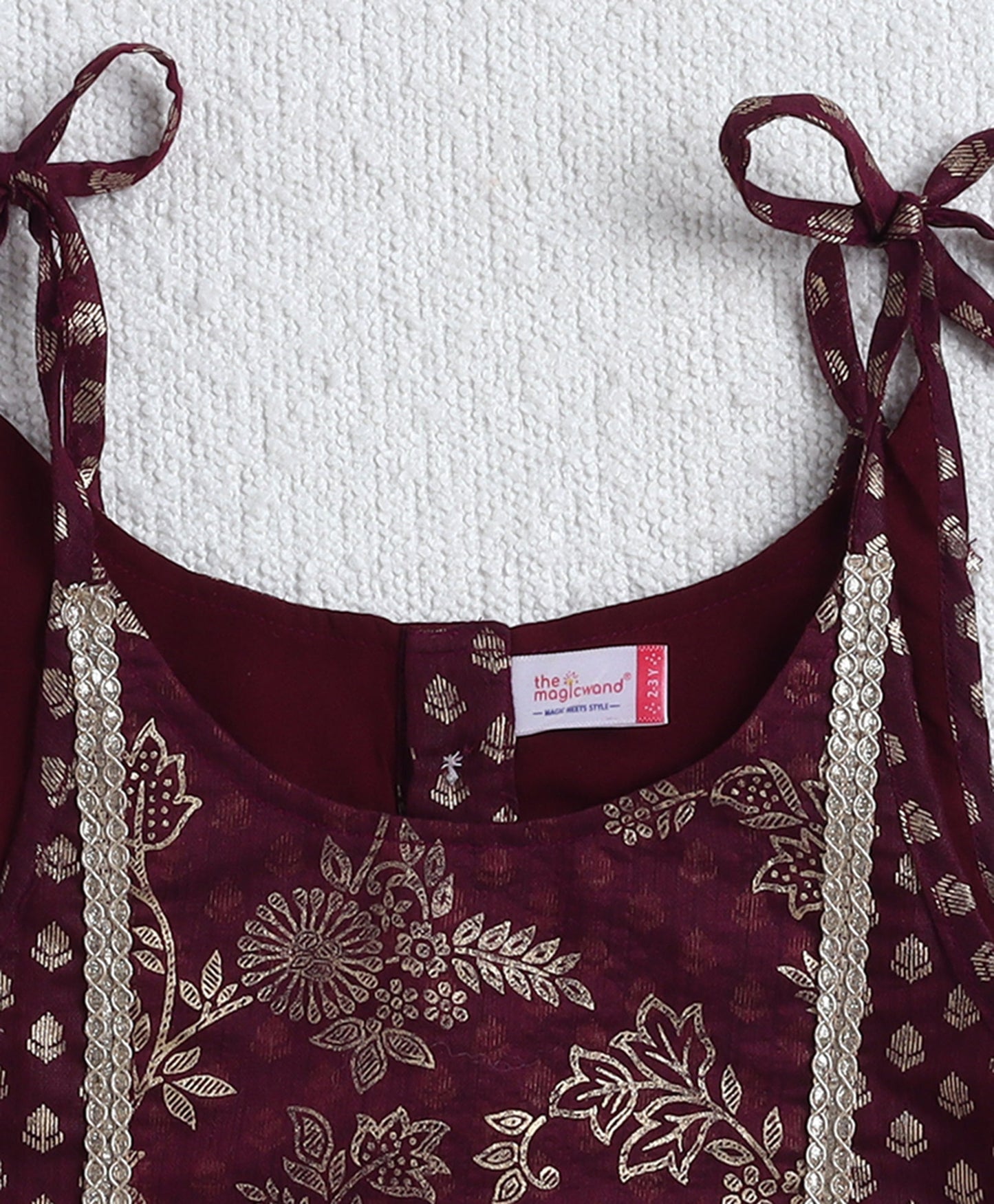 The Magic Wand Woven Shoulder Tie Up Foil Printed Trendy Long Yoke Choli with Lehenga Set with Dupatta- Wine
