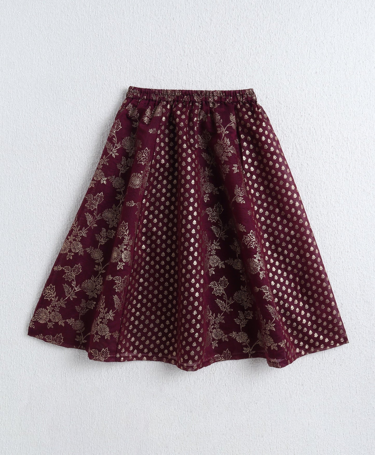 The Magic Wand Woven Shoulder Tie Up Foil Printed Trendy Long Yoke Choli with Lehenga Set with Dupatta- Wine