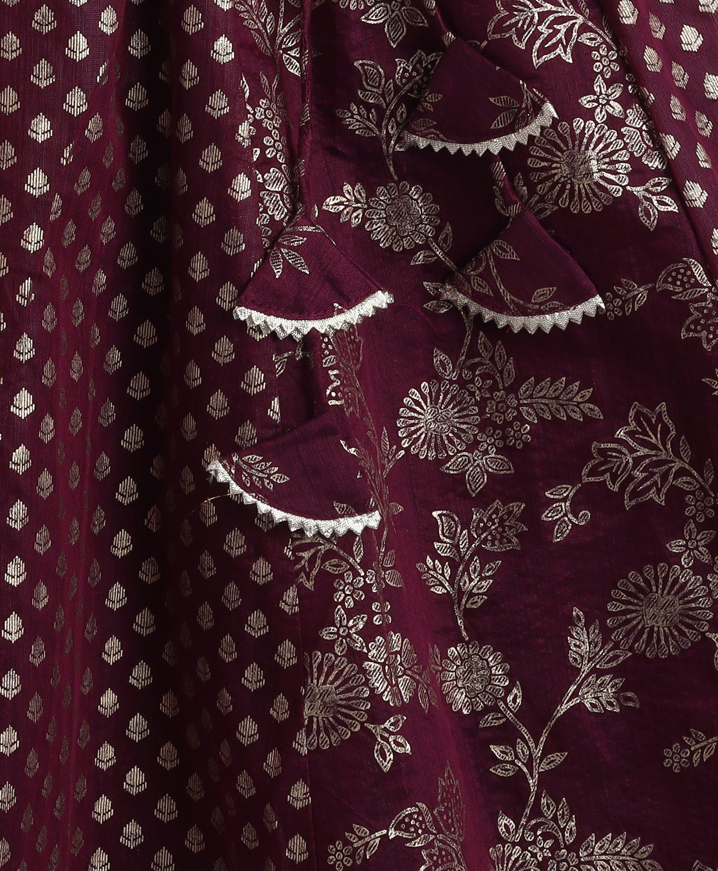 The Magic Wand Woven Shoulder Tie Up Foil Printed Trendy Long Yoke Choli with Lehenga Set with Dupatta- Wine