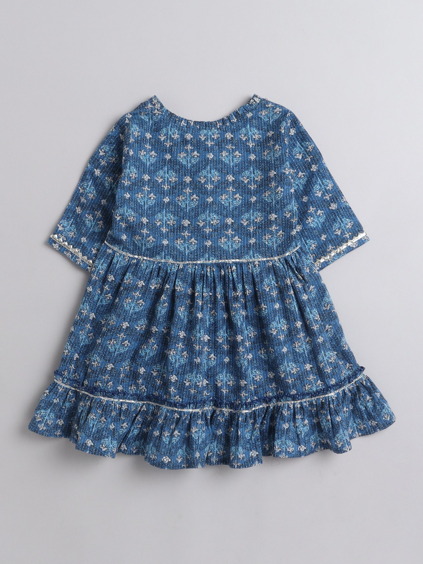 All Over Printed Elbow Sleeves Gathered Top With Afhgani Pants For Girls-Blue
