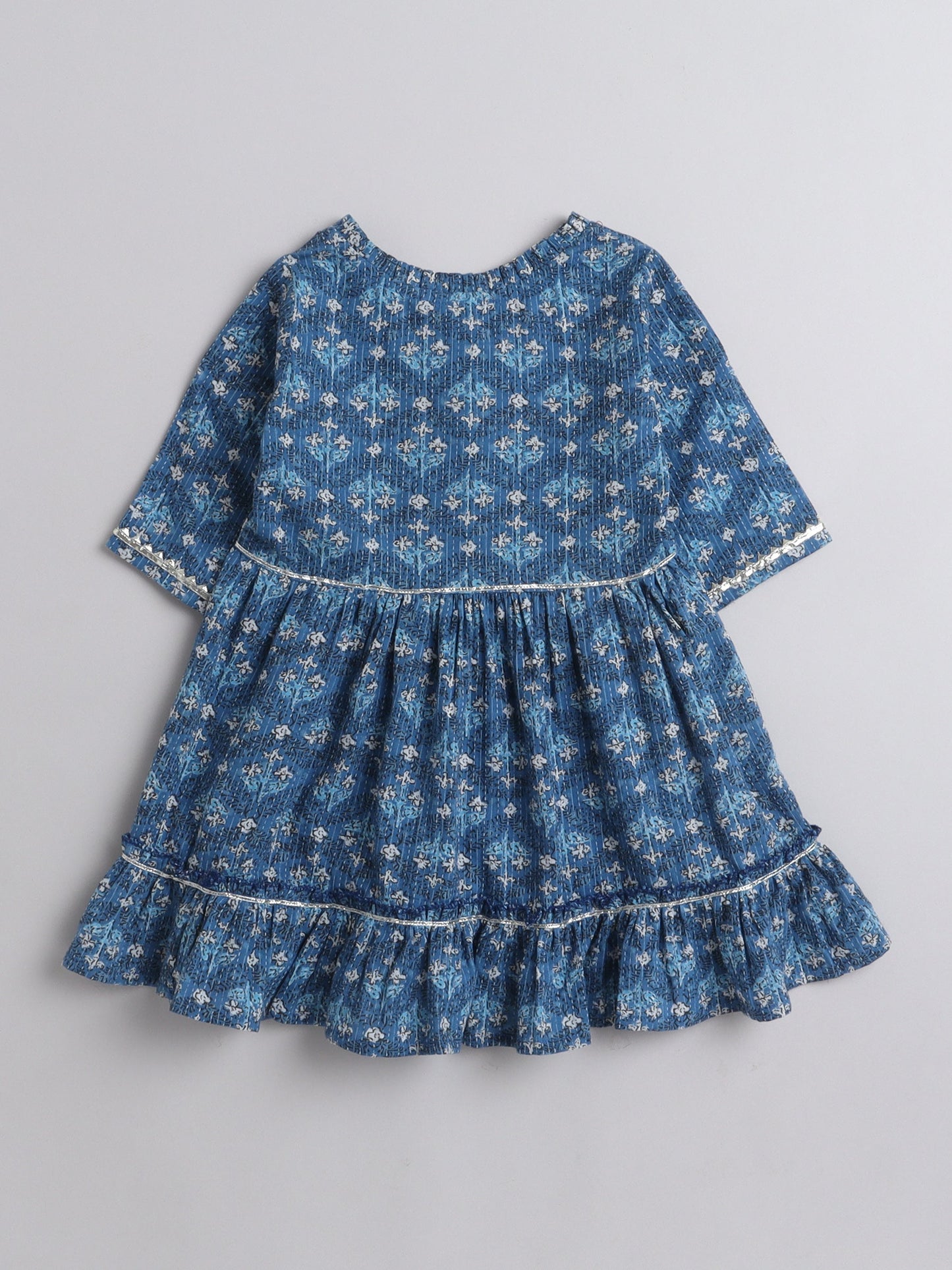 Three Fourth Sleeves Damask Floral Motif Printed & Gota Lace Embellished Kurta With Chevron Design Afghani Pant - Blue