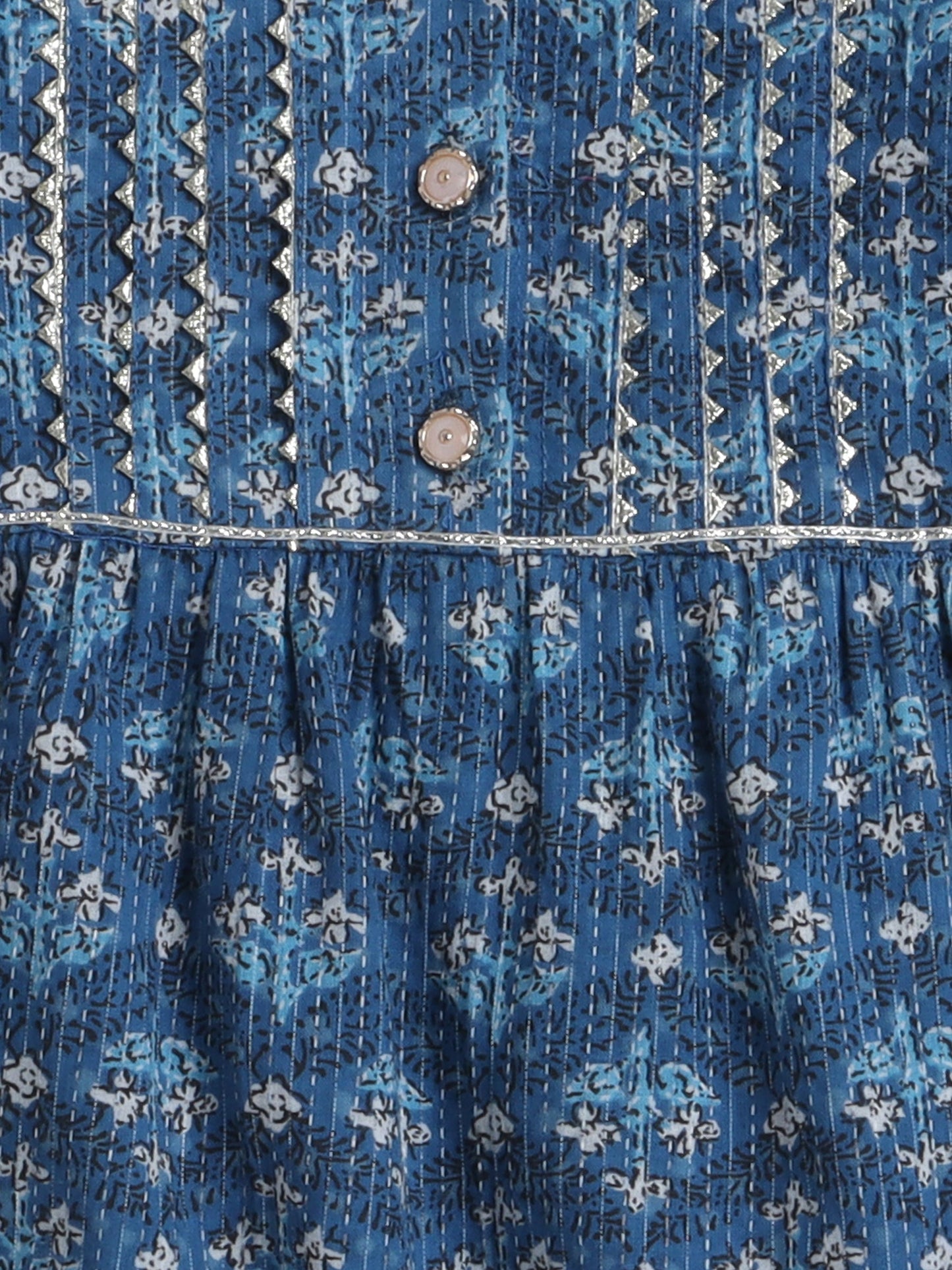 Three Fourth Sleeves Damask Floral Motif Printed & Gota Lace Embellished Kurta With Chevron Design Afghani Pant - Blue