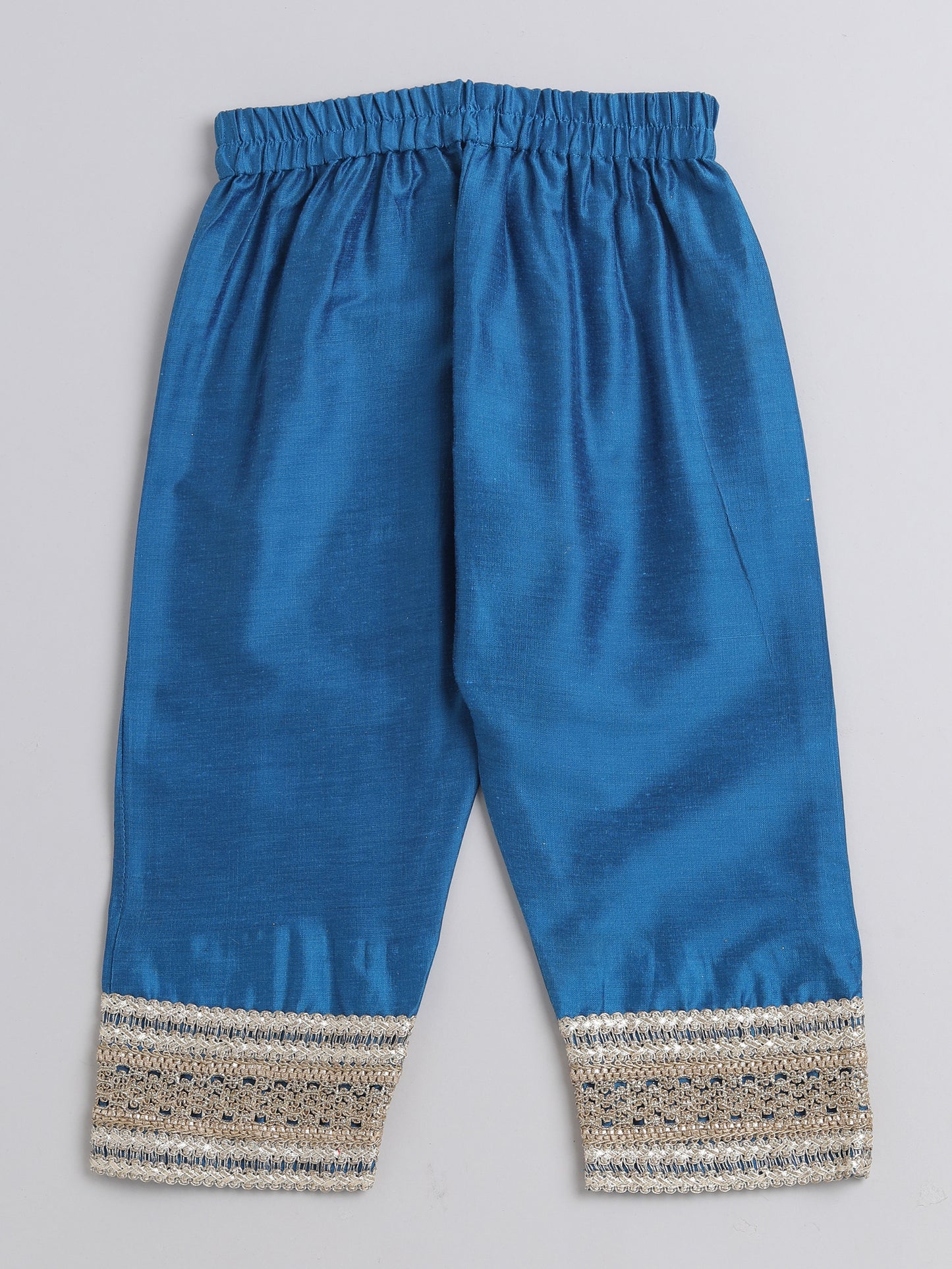 Lace Embelished Short Sleeve Tassled Kurta with Straight Pants For Girls-Blue