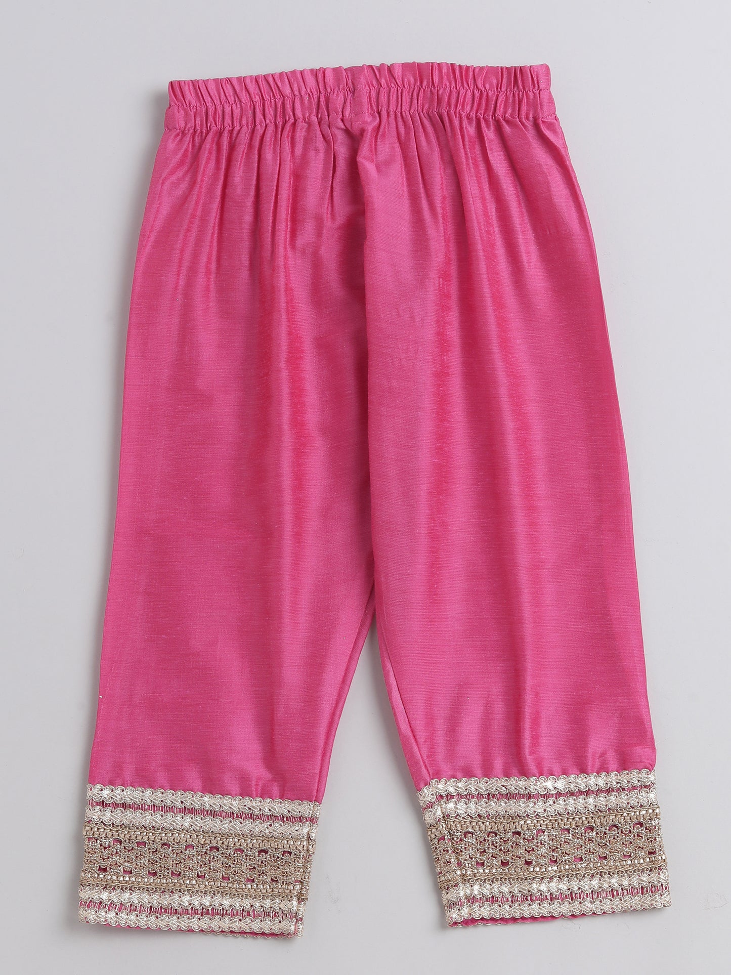 Lace Embelished Short Sleeve Tassled Kurta with Straight Pants For Girls-Pink