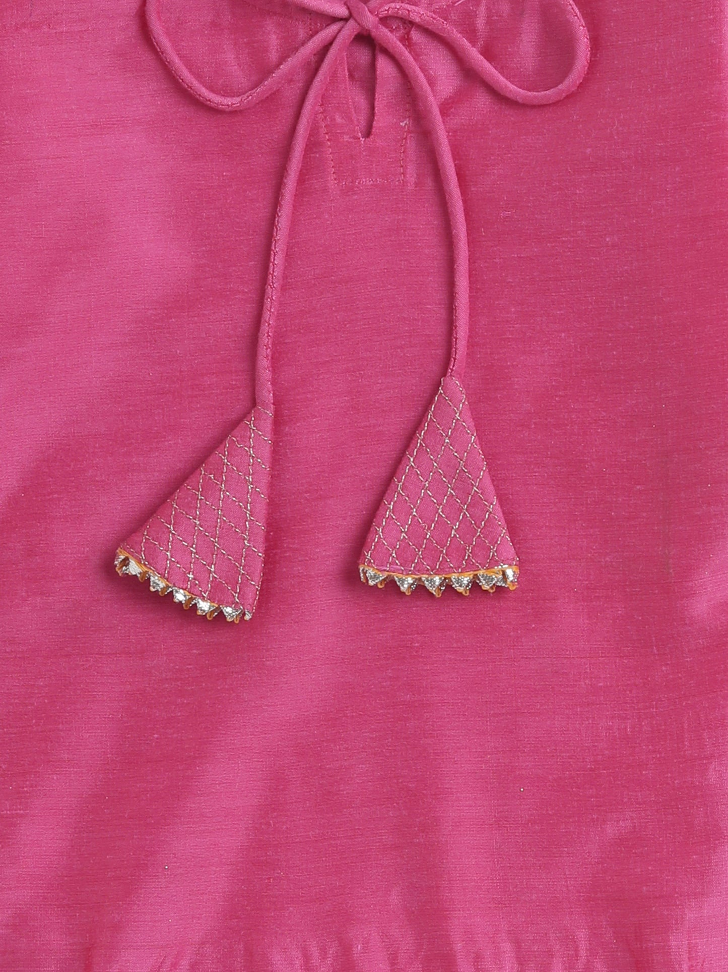 Lace Embelished Short Sleeve Tassled Kurta with Straight Pants For Girls-Pink