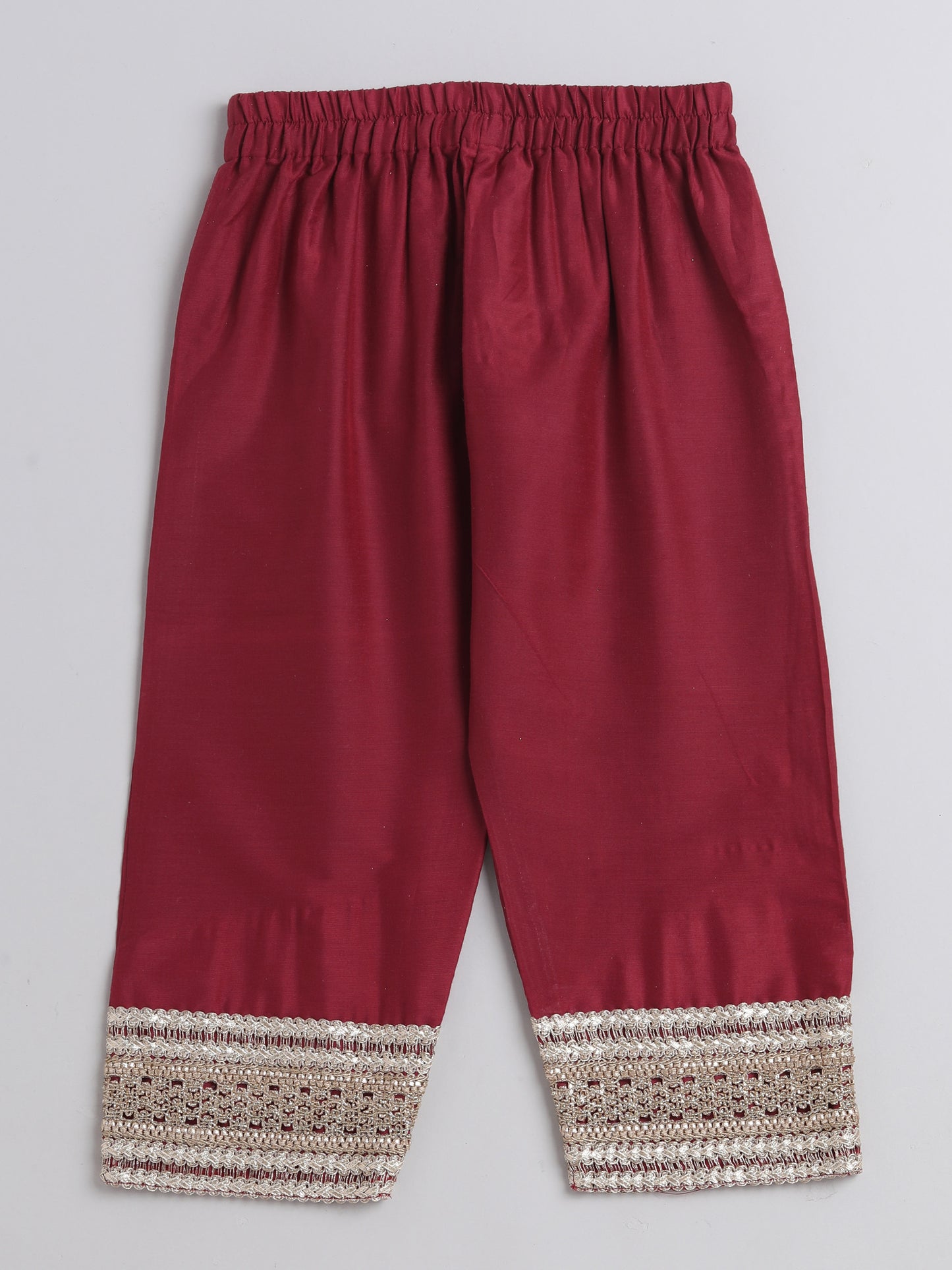 Lace Embelished Short Sleeve Tassled Kurta with Straight Pants For Girls-Maroon