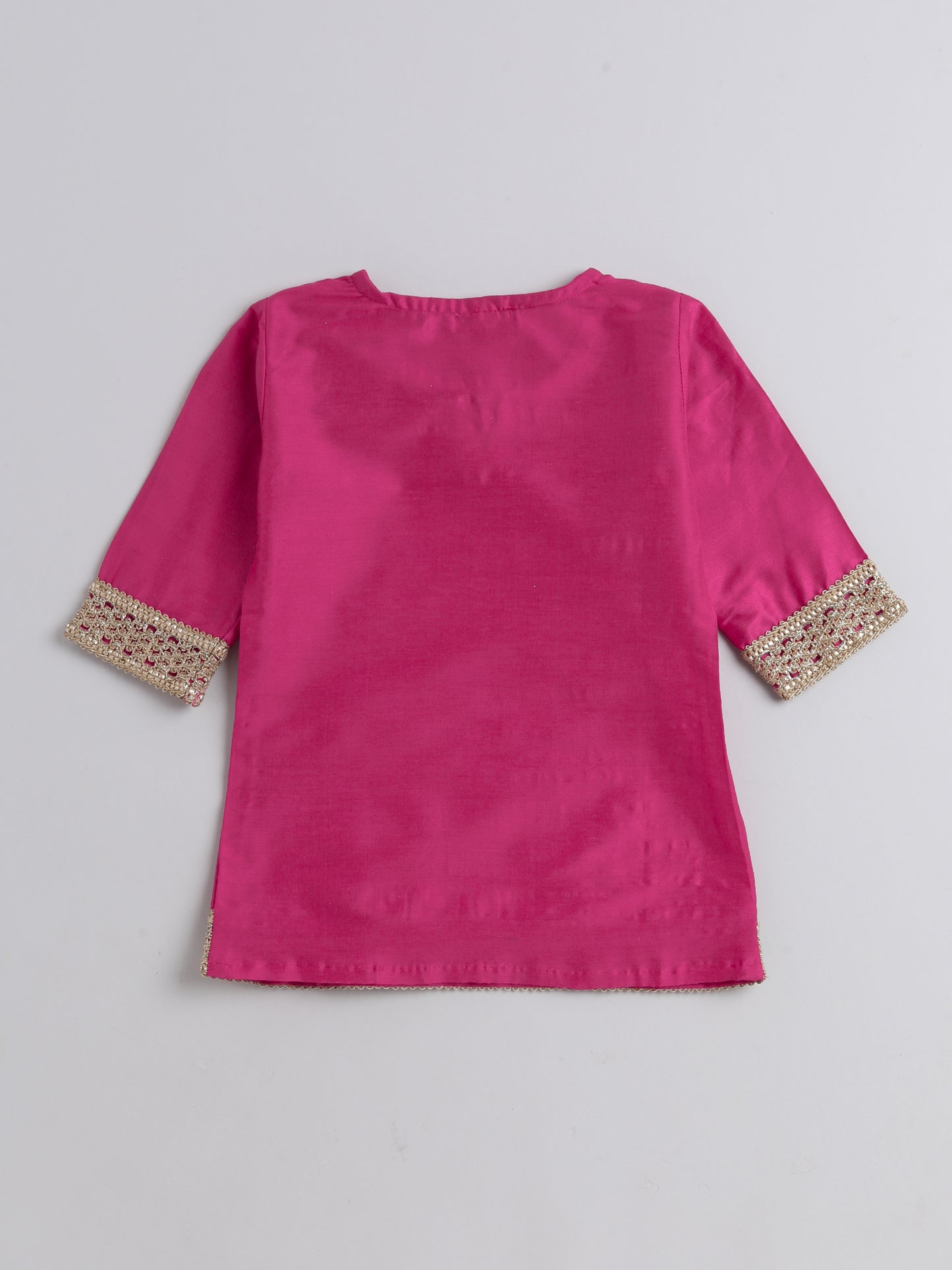 Lace Embelished Short Sleeve Tassled Kurta with Straight Pants For Girls-Fuchsia