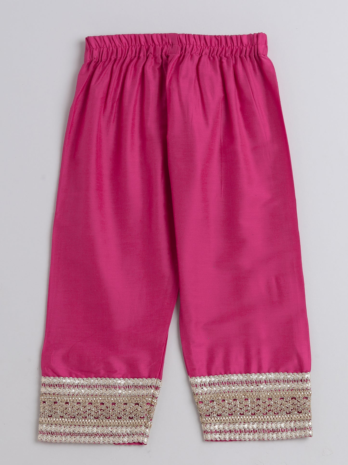 Lace Embelished Short Sleeve Tassled Kurta with Straight Pants For Girls-Fuchsia
