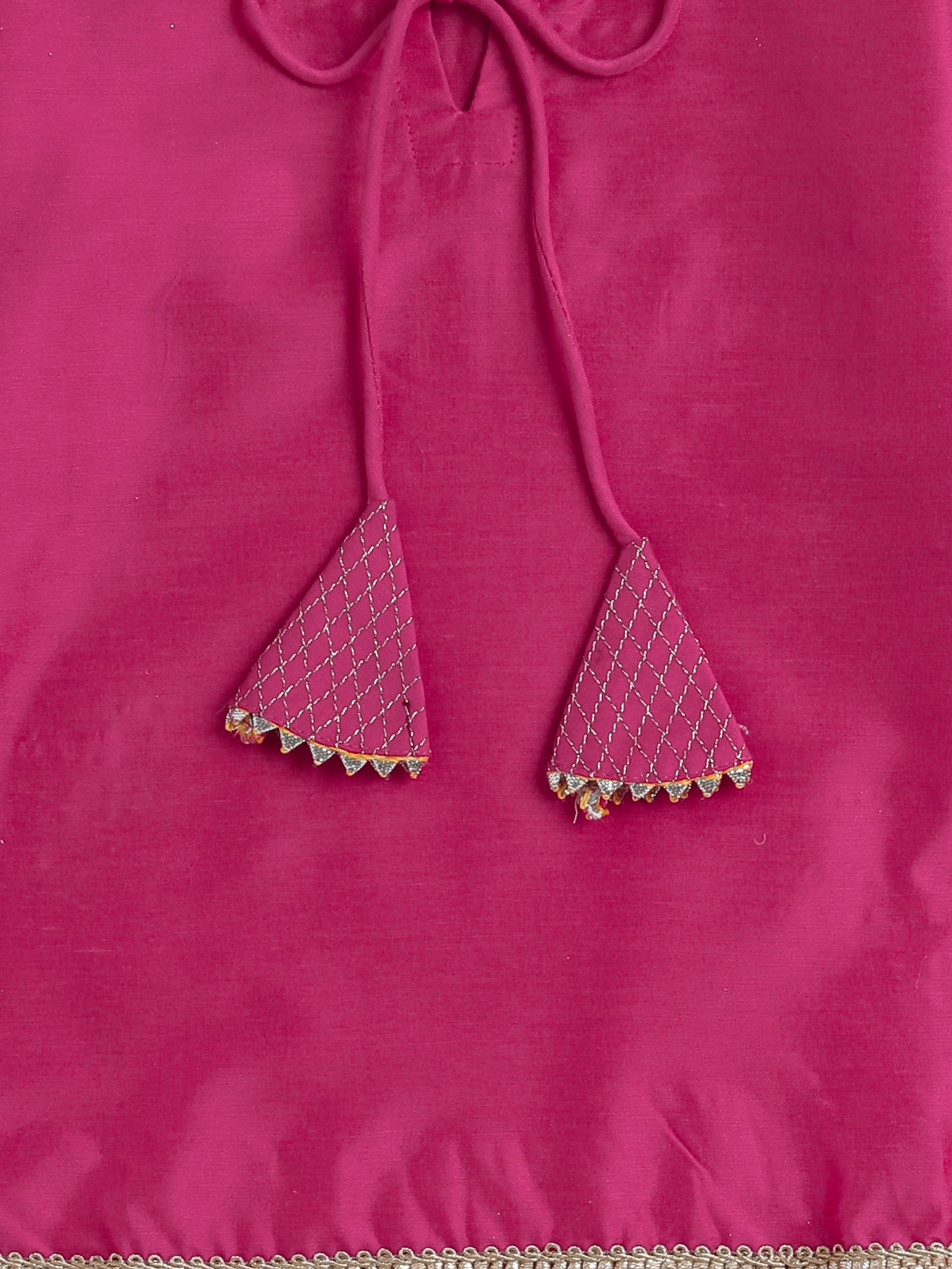 Lace Embelished Short Sleeve Tassled Kurta with Straight Pants For Girls-Fuchsia