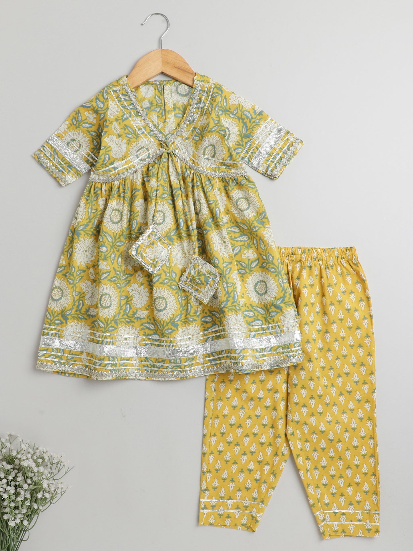 Printed Elbow Sleeves Tassled Gathered Aliya Cut Gota Kurta with Straight Pants-Yellow