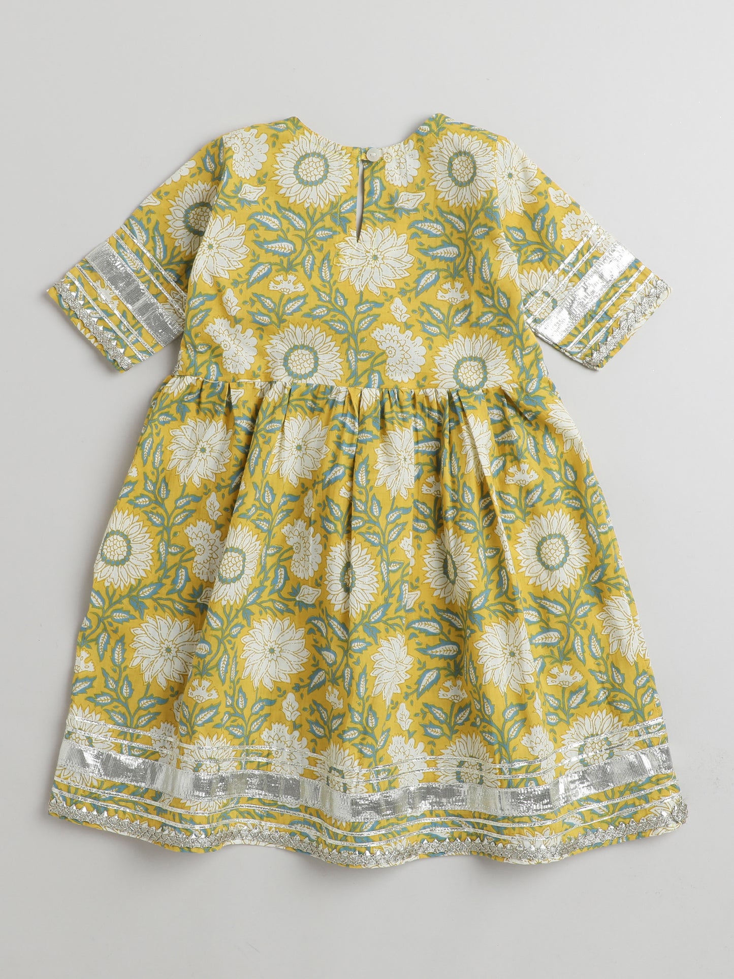 Printed Elbow Sleeves Tassled Gathered Aliya Cut Gota Kurta with Straight Pants-Yellow