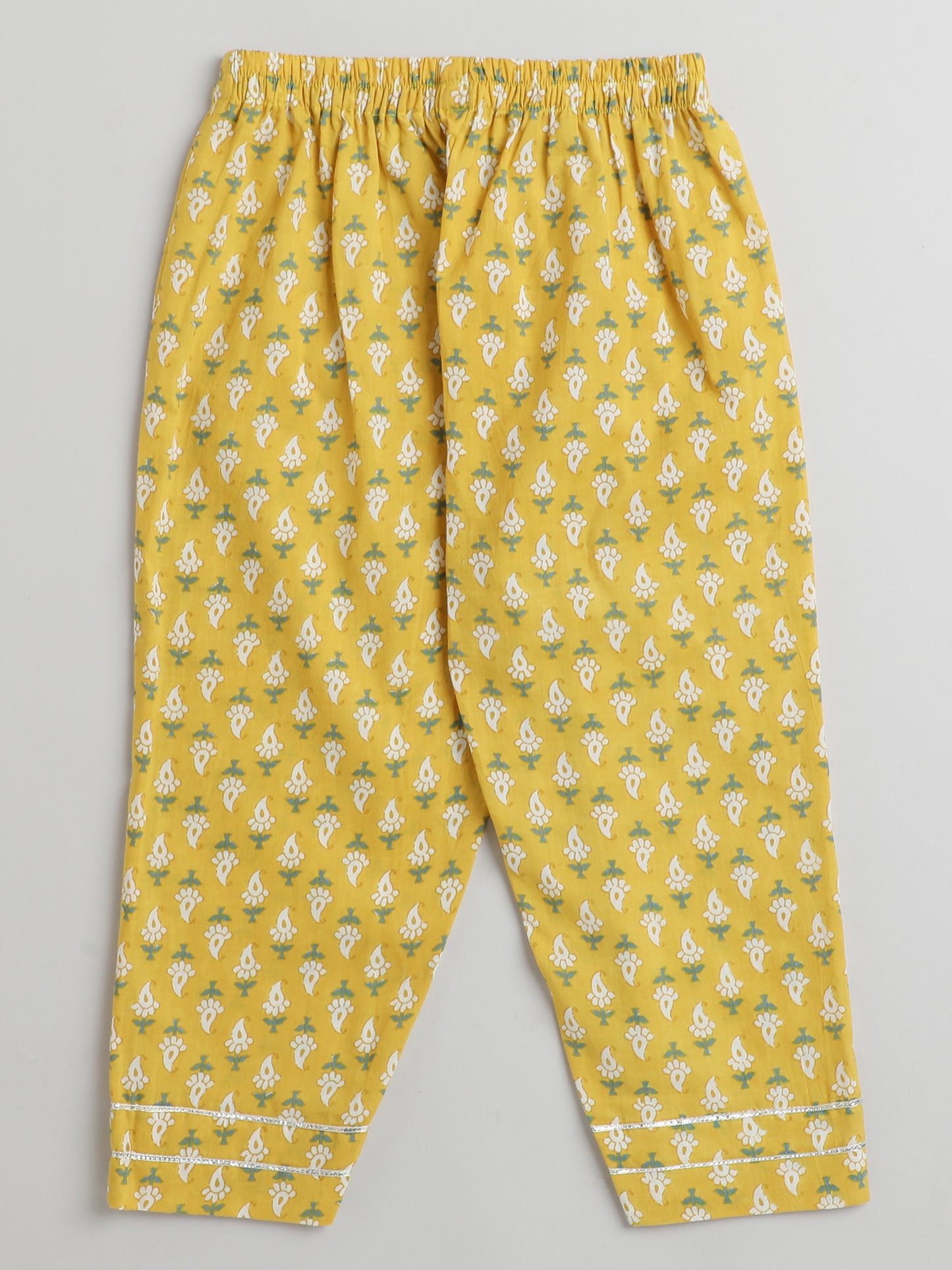 Printed Elbow Sleeves Tassled Gathered Aliya Cut Gota Kurta with Straight Pants-Yellow