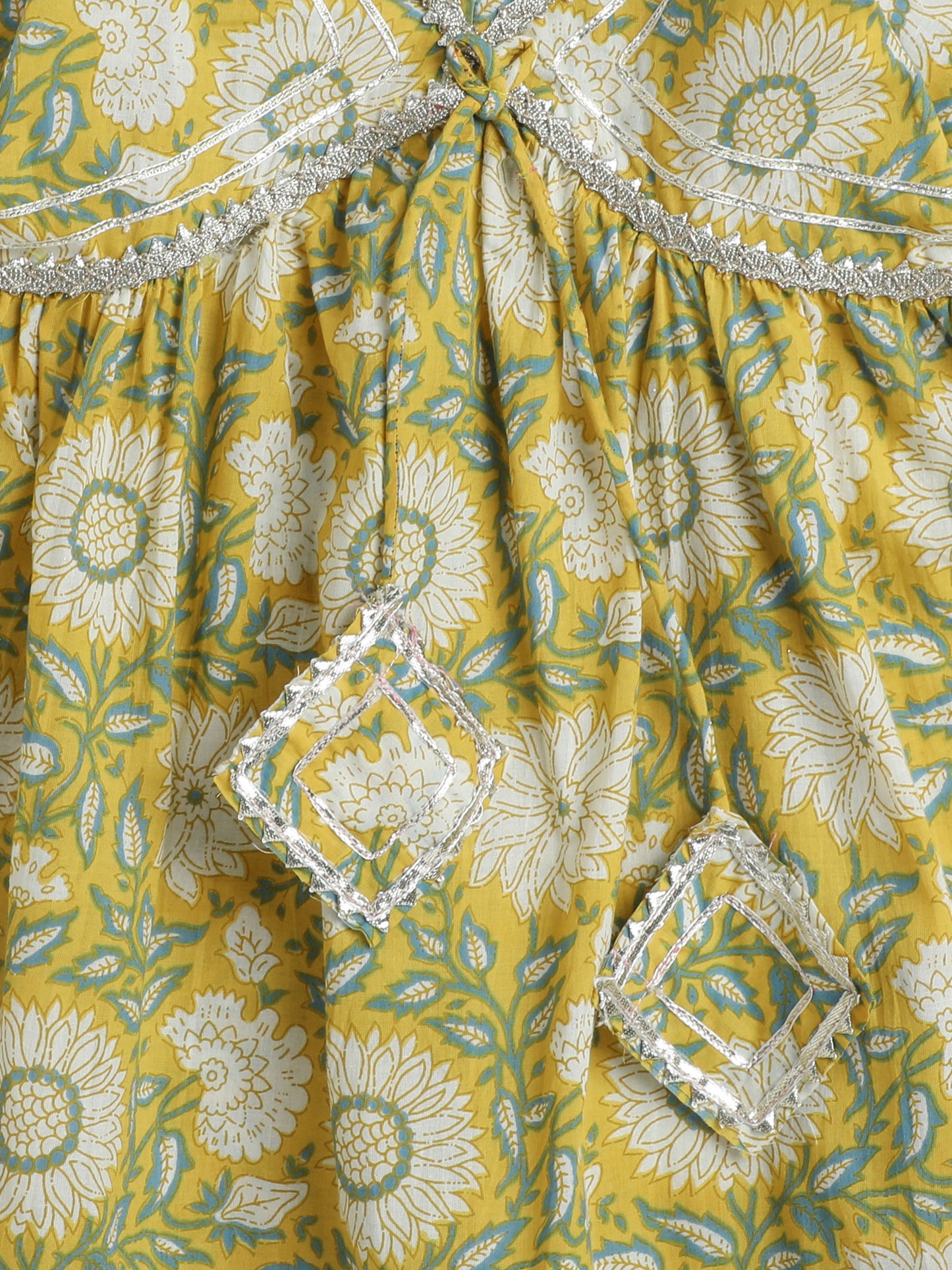 Printed Elbow Sleeves Tassled Gathered Aliya Cut Gota Kurta with Straight Pants-Yellow