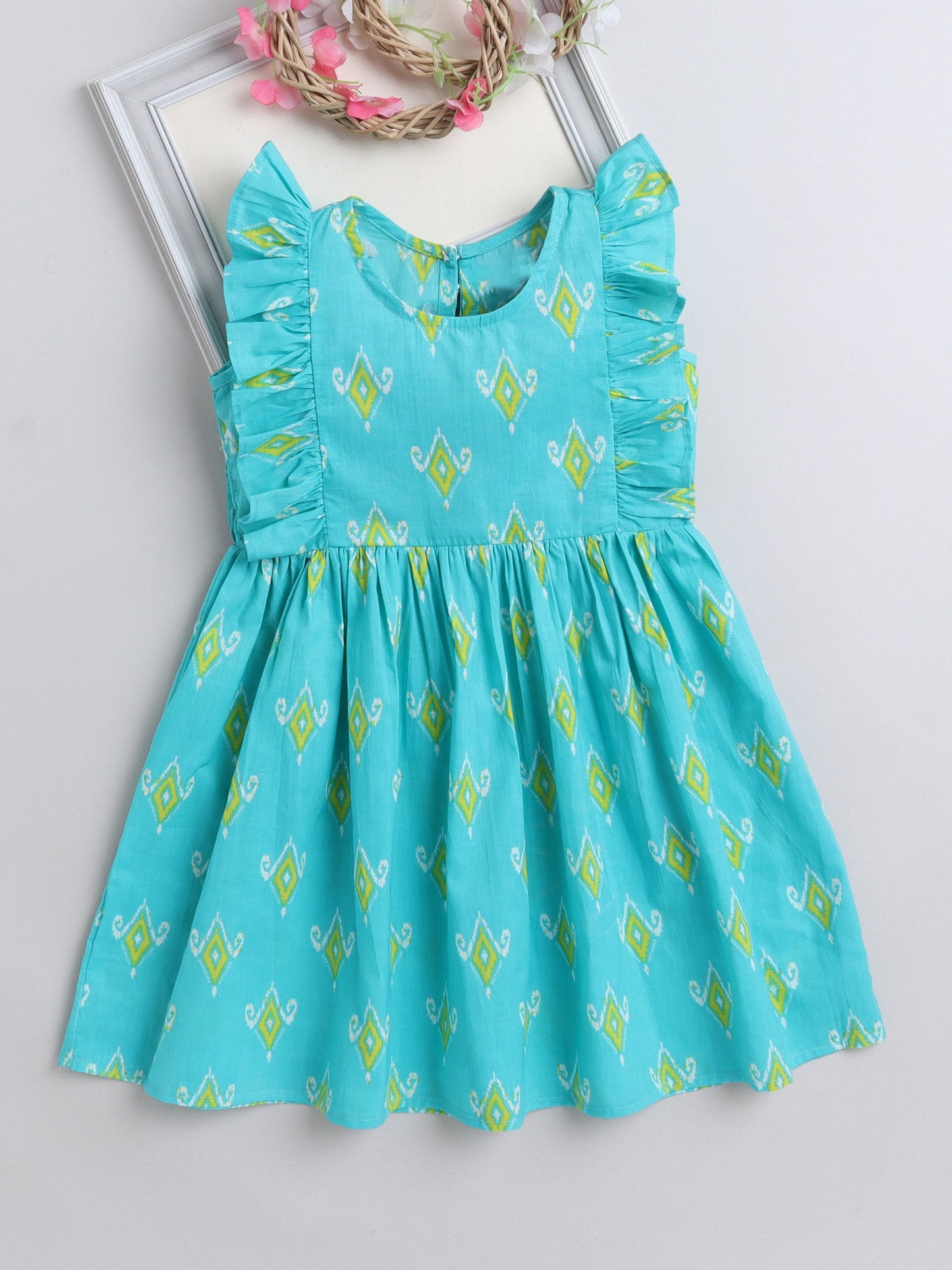 The Magic Wand Frill Sleeves Floral Printed Fit & Flare Dress - Turquoise