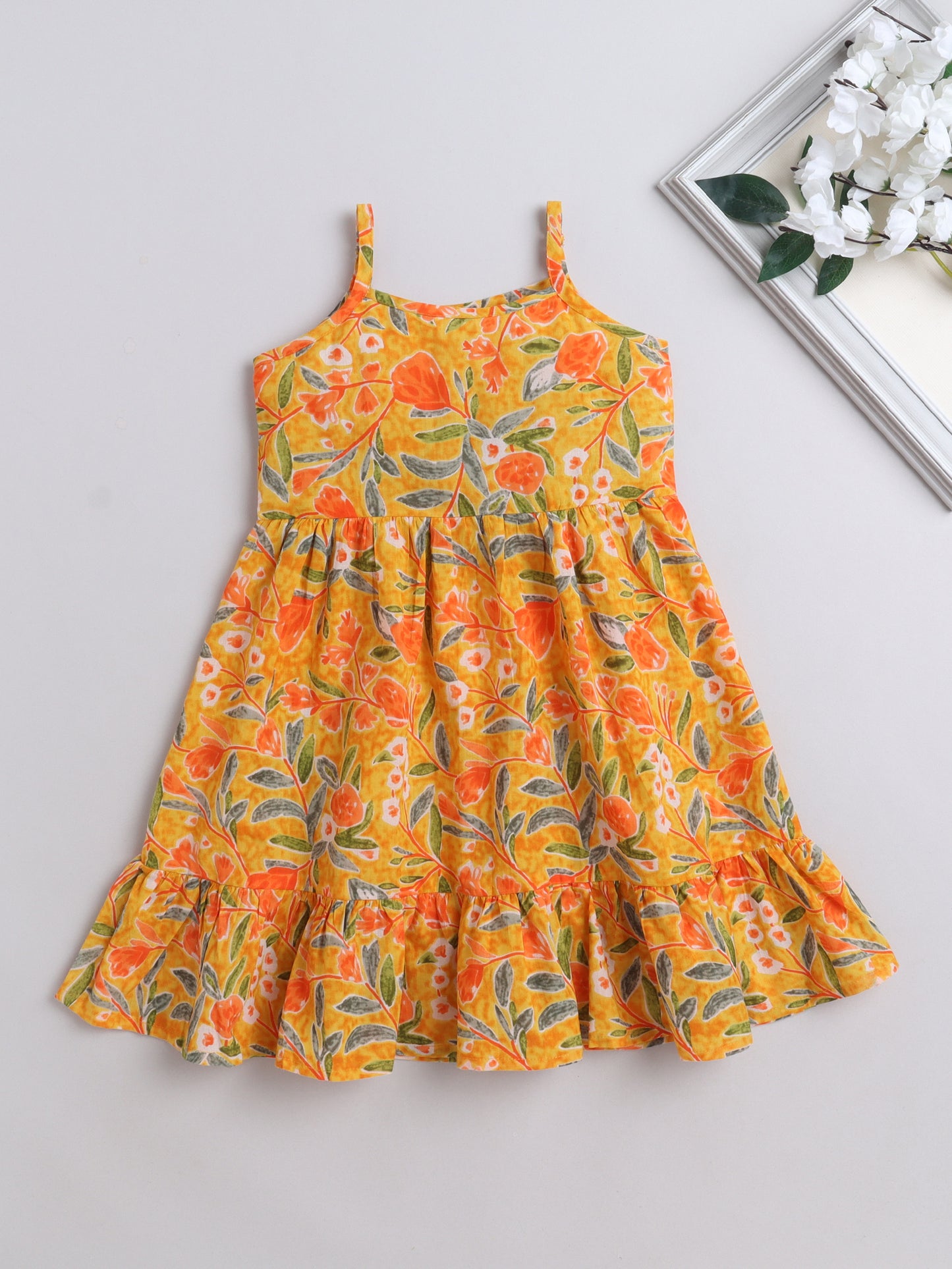 The Magic Wand Singlet Floral Printed Cotton Sustainable Sleeveless Strappy Tiered Dress - Mustard