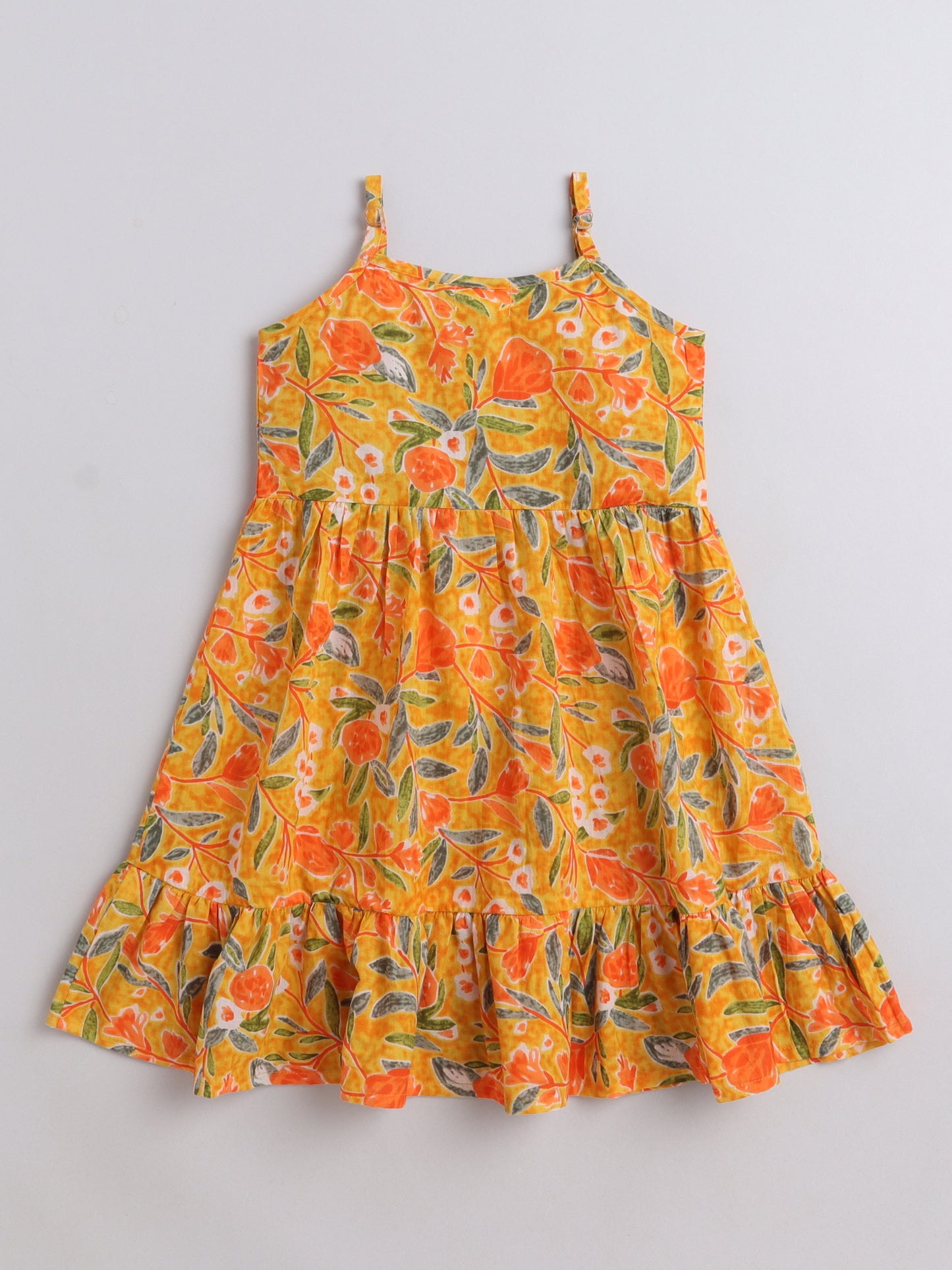 The Magic Wand Singlet Floral Printed Cotton Sustainable Sleeveless Strappy Tiered Dress - Mustard