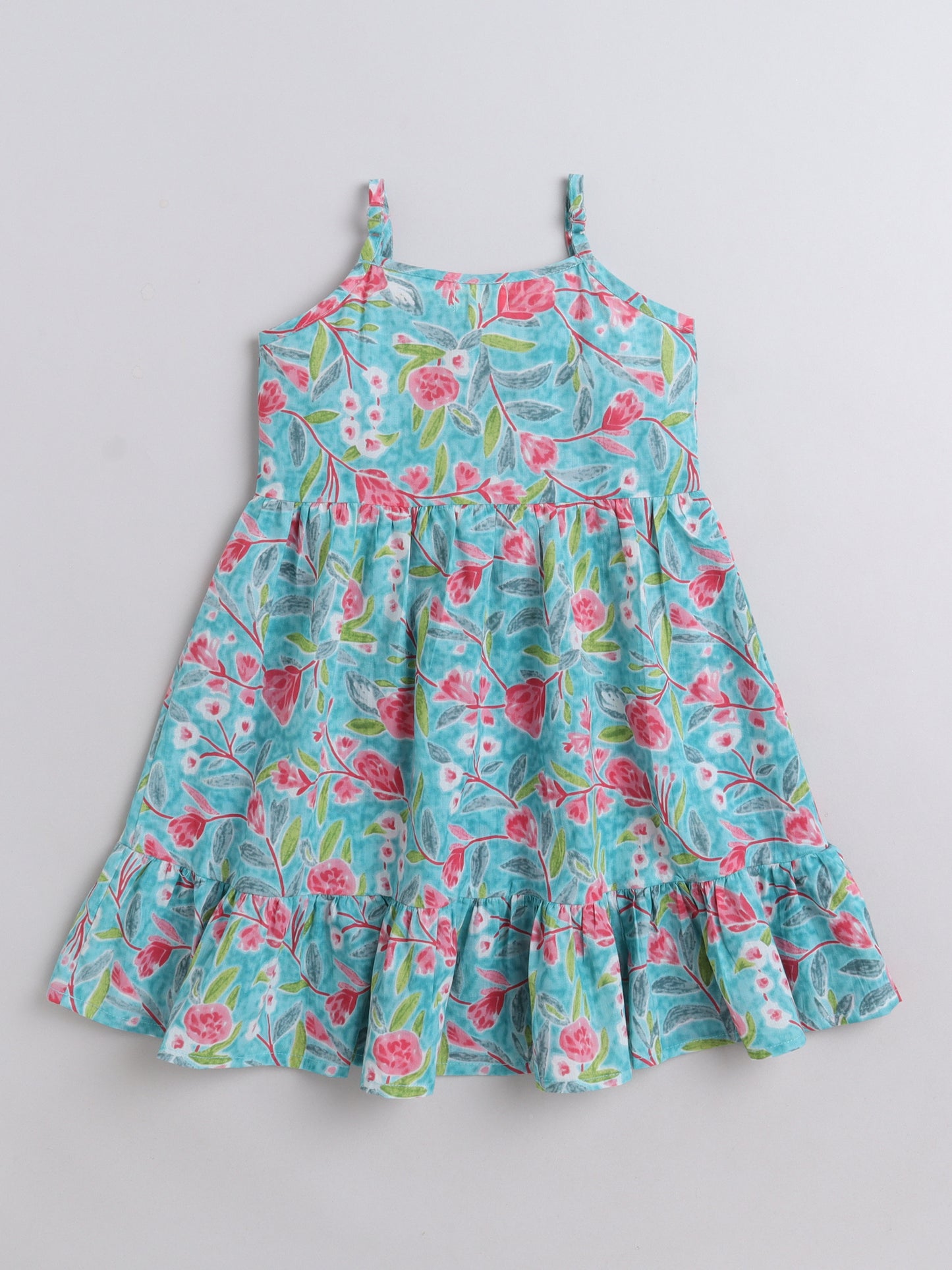 Singlet Floral Printed Cotton Sustainable Sleeveless Strappy Tiered Dress-Turquoise