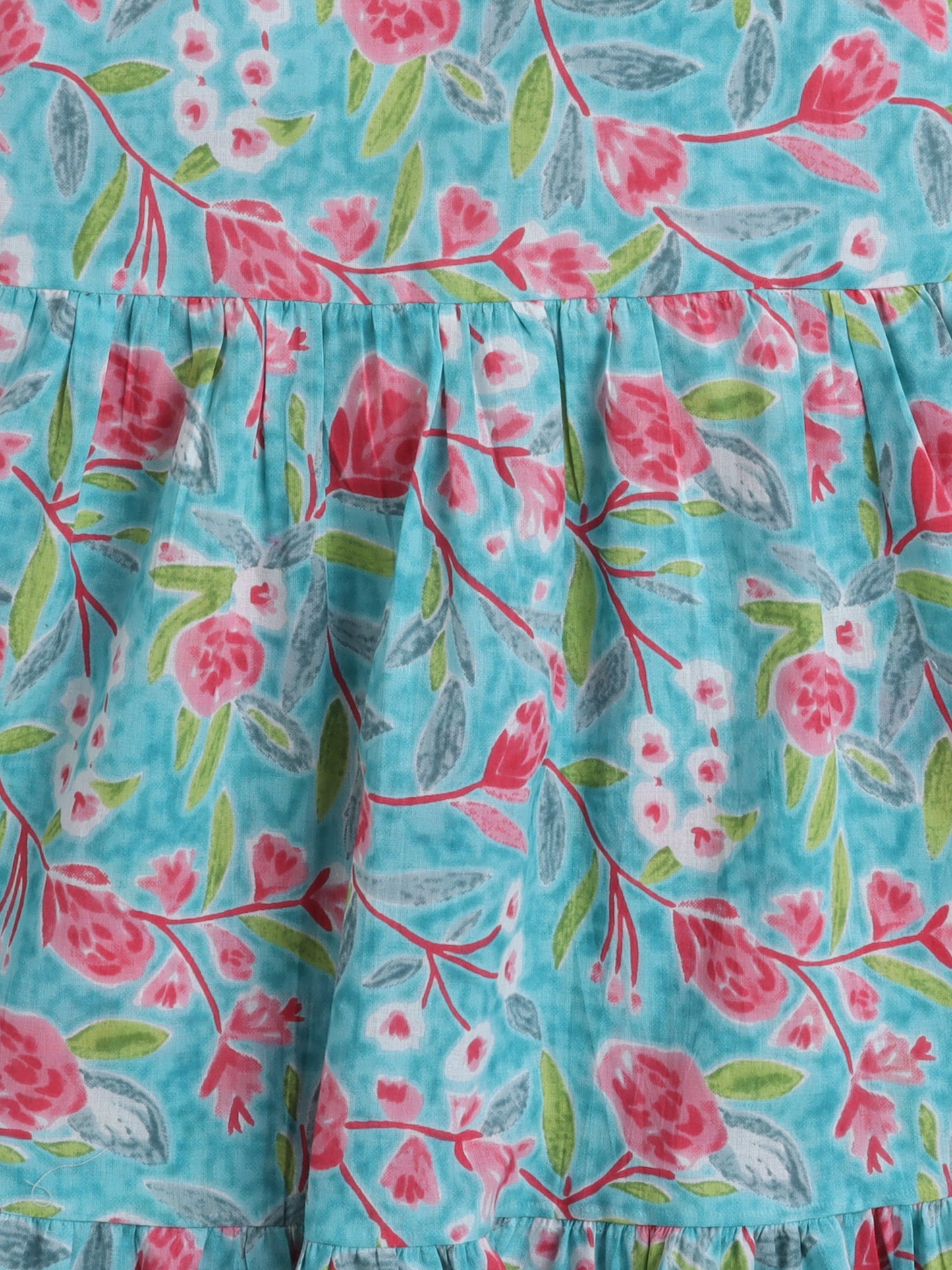 Singlet Floral Printed Cotton Sustainable Sleeveless Strappy Tiered Dress-Turquoise