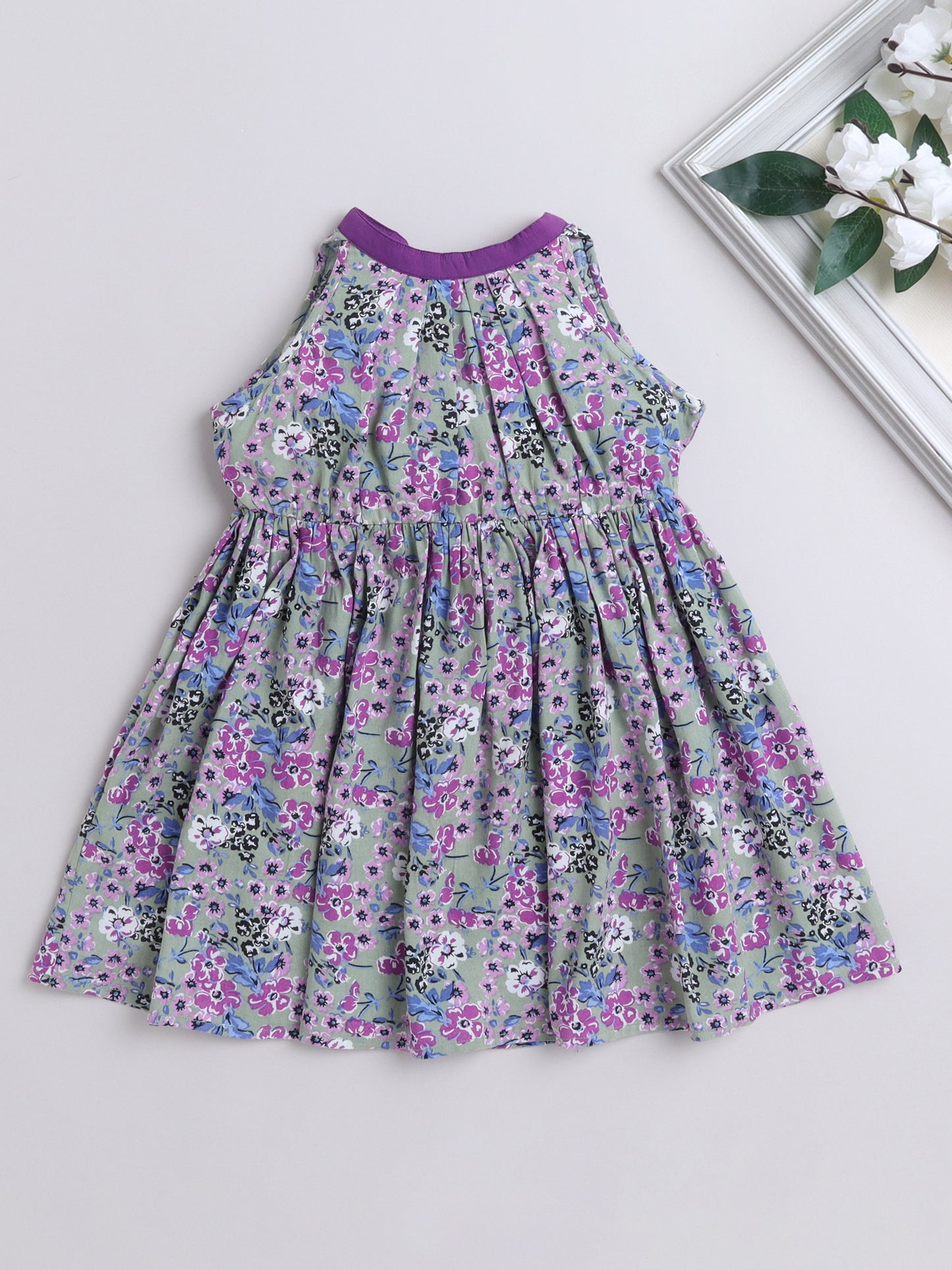 Cotton Floral Incut with Neckbelt Sleeveless Dress - Grey