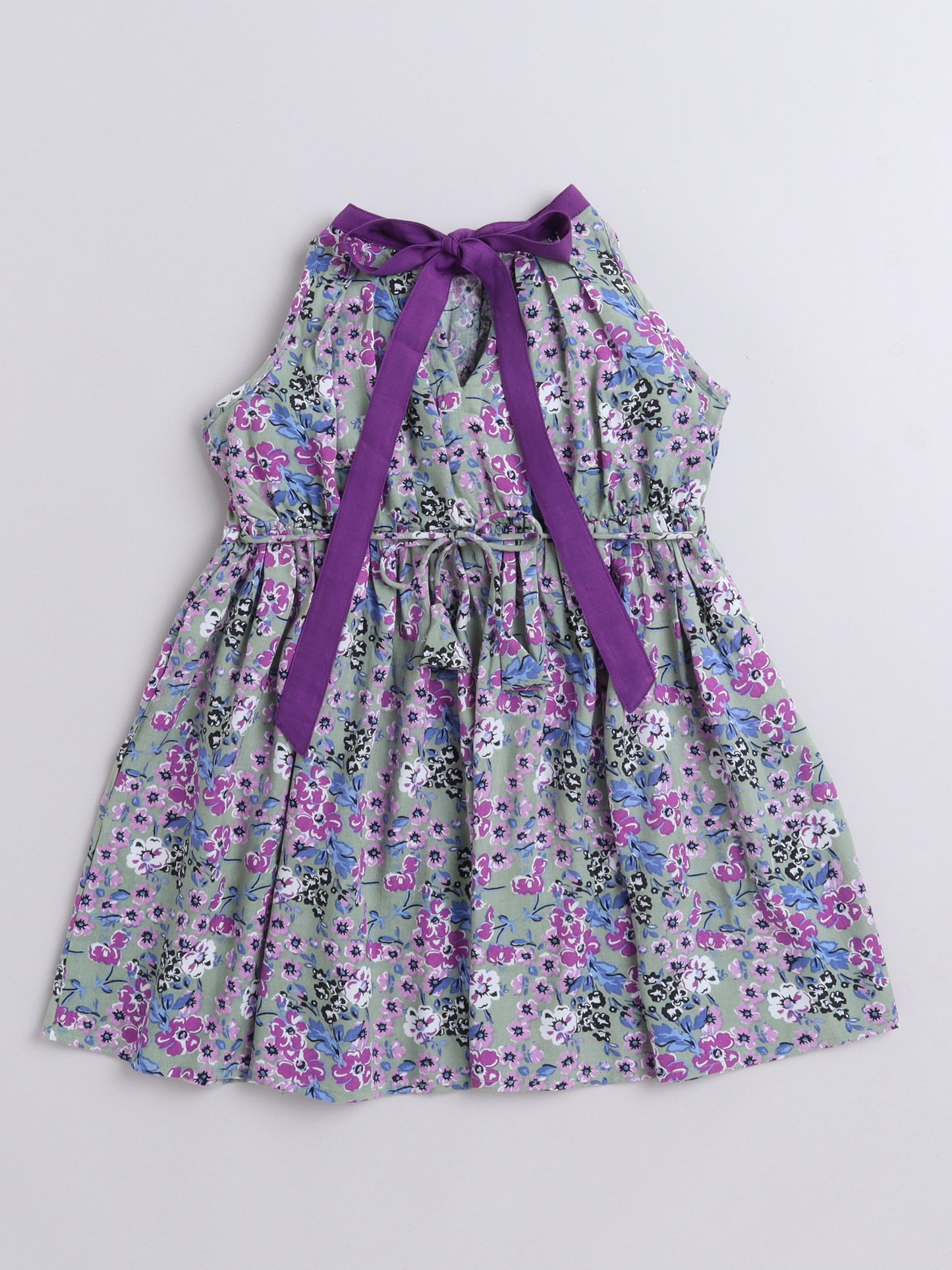 Cotton Floral Incut with Neckbelt Sleeveless Dress - Grey