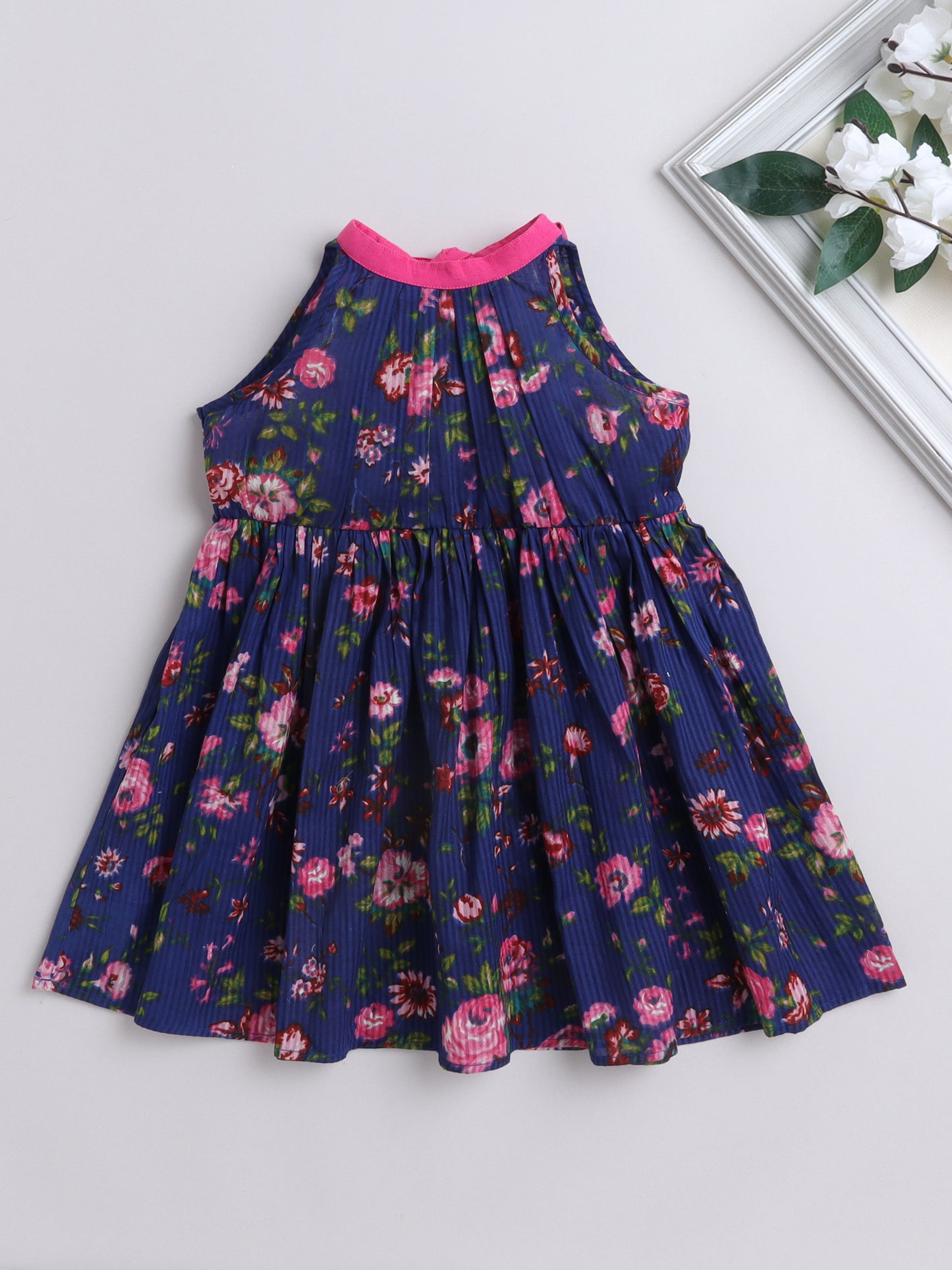 Cotton Floral Incut with Neckbelt Sleeveless Dress - Blue