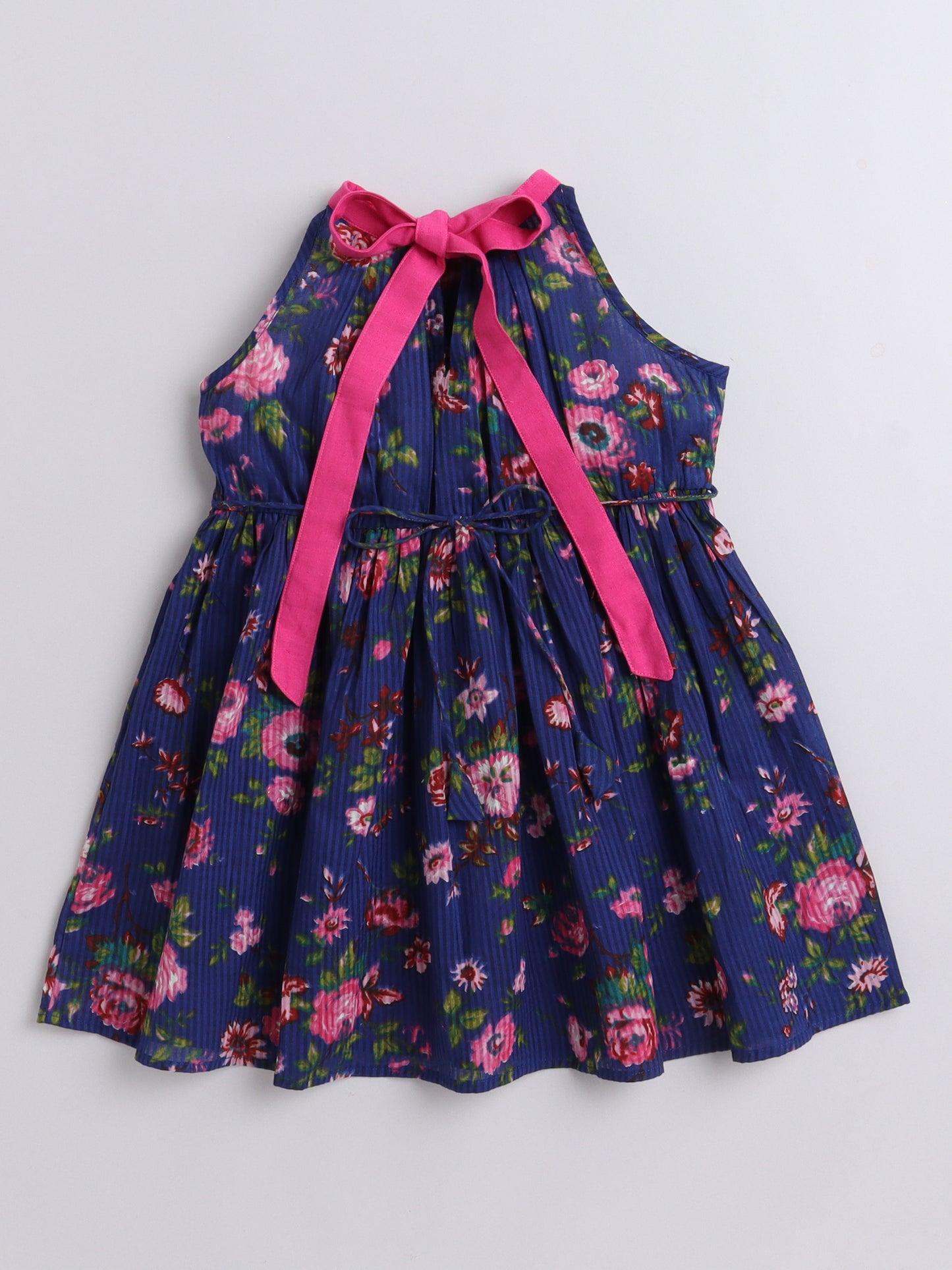 Cotton Floral Incut with Neckbelt Sleeveless Dress - Blue
