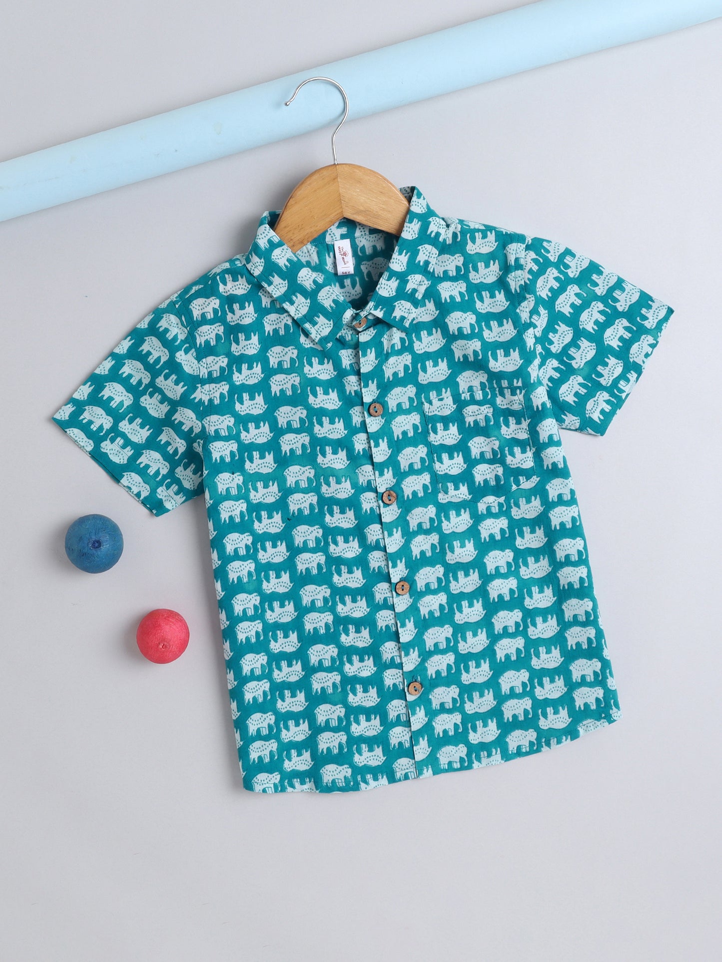 Full Sleeves Cotton Elephant Print Shirt- Blue