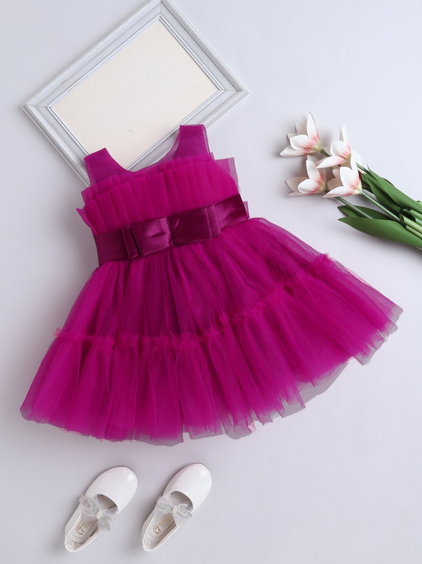 Sleeveless Bow Applique Detailed Flared Dress - Magenta
