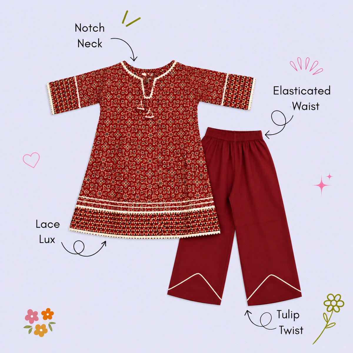 The Magic Wand Cotton Woven Laced Ajrakh Geometric Floral Printed Kurti And Tulip Pant Set - Maroon