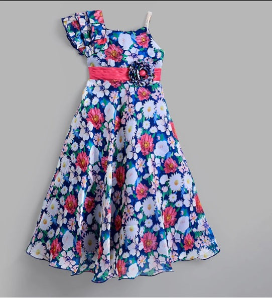 The Magic Wand Organza One Shoulder With Flower Brooch Party Gown - Blue