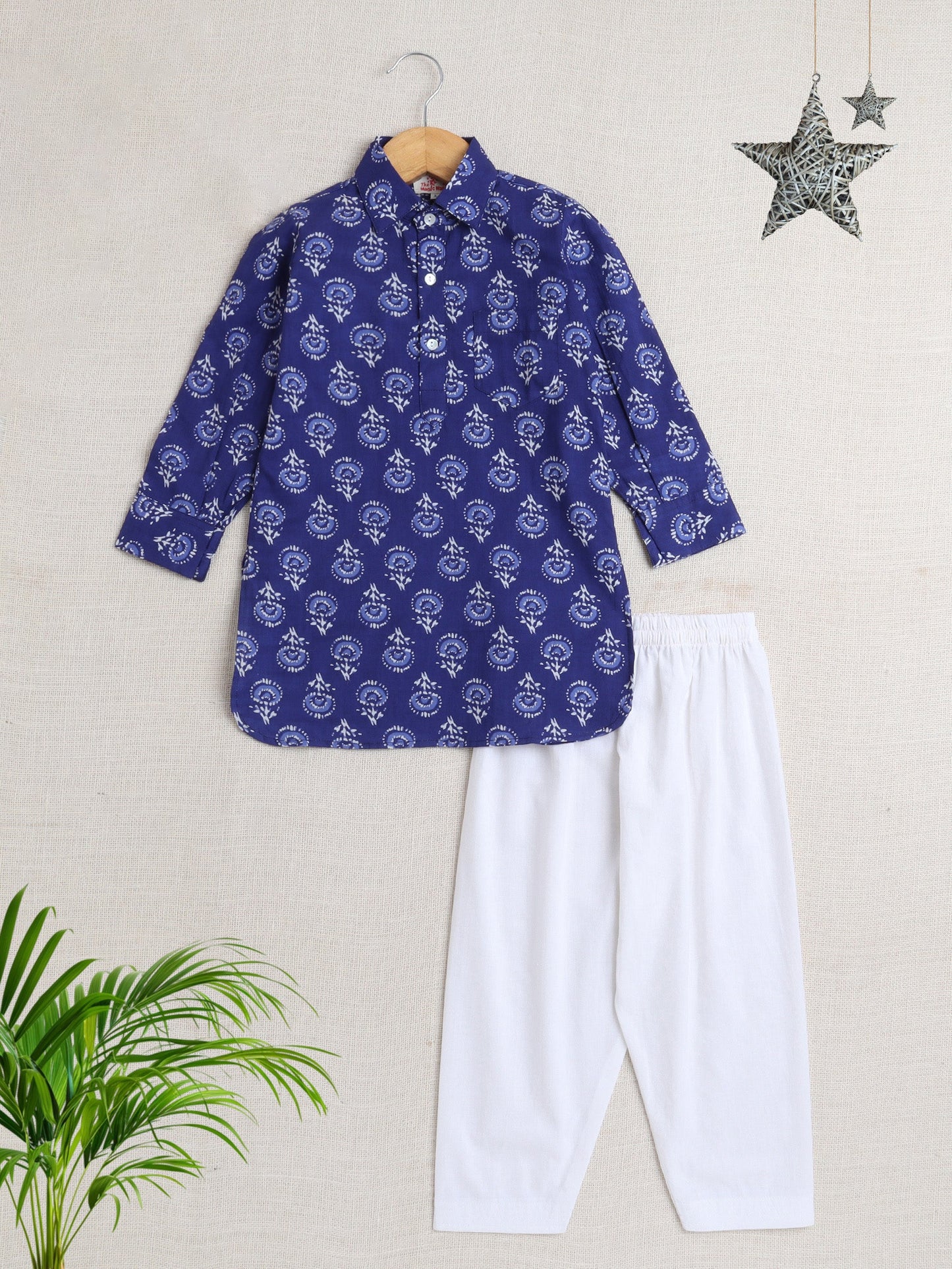 Cotton Full Sleeves Floral Printed Kurta With Pyjama Set - Blue