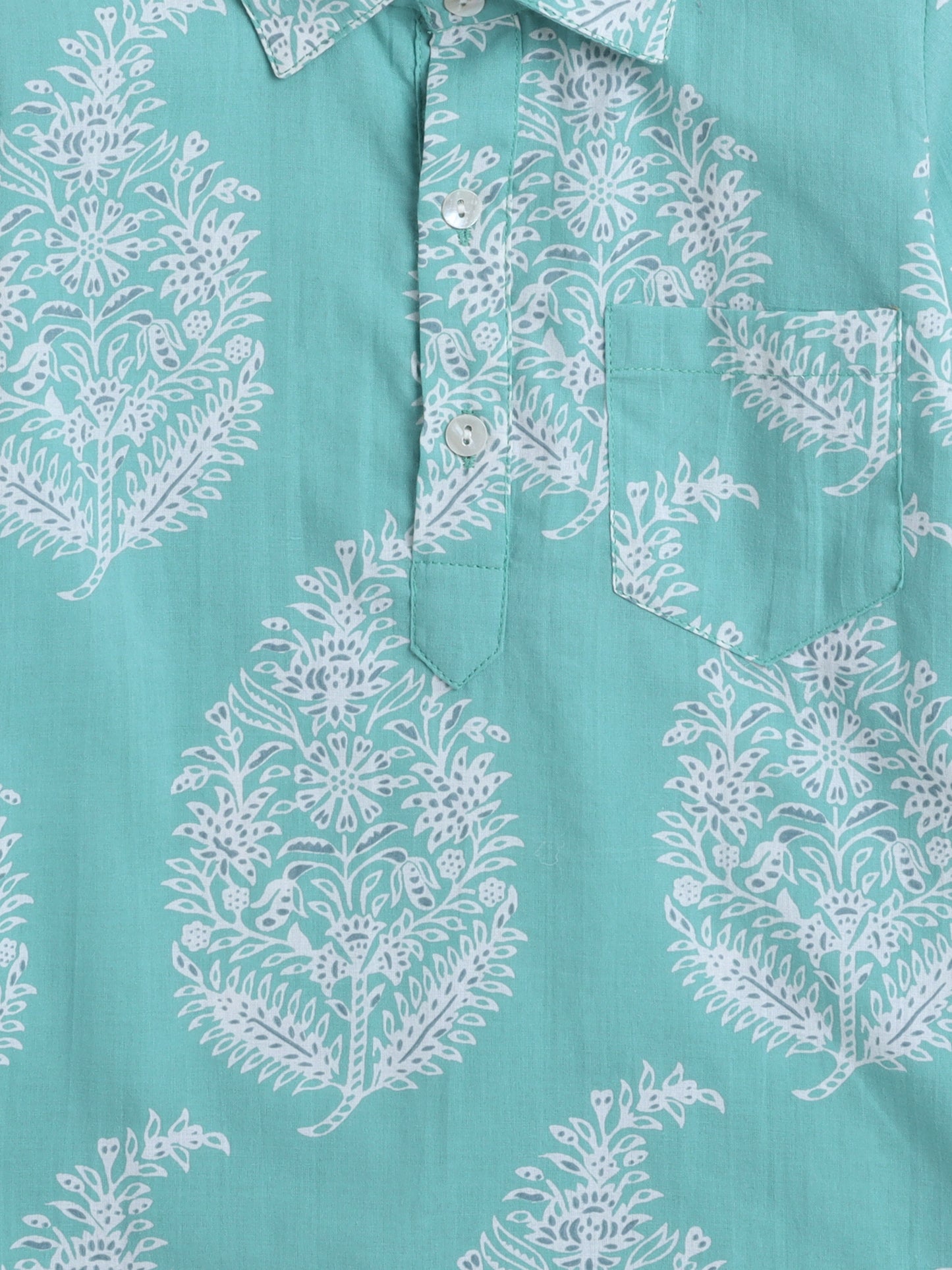 Cotton Full Sleeves Floral Printed Kurta & Pyjama Set - Blue