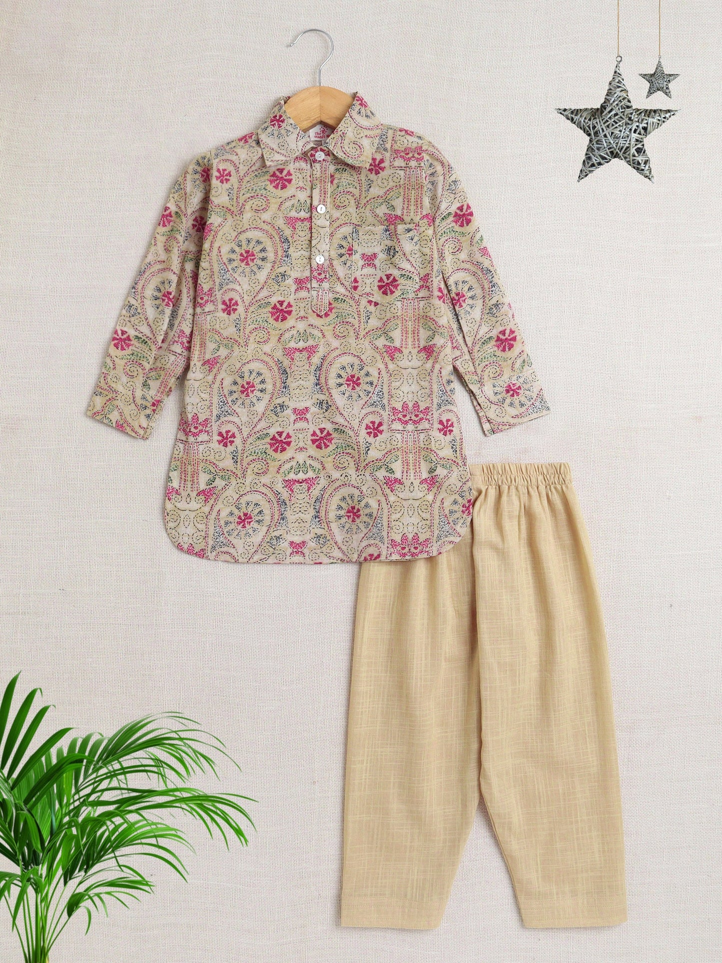 Cotton Full Sleeves Floral Printed Kurta Pyjama Set - Beige & Pink