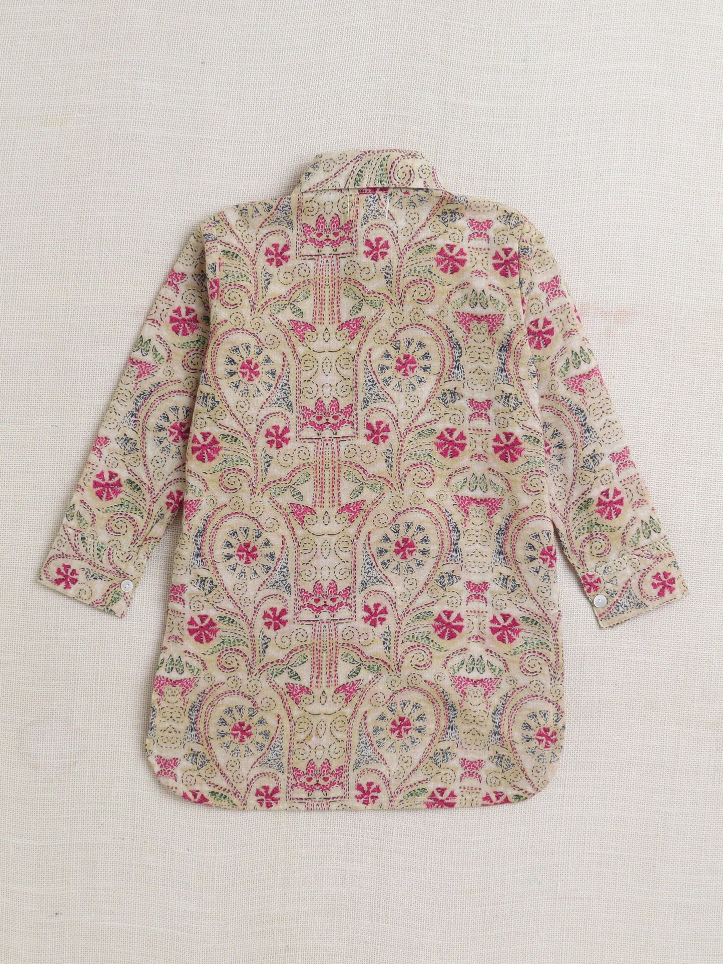 Cotton Full Sleeves Floral Printed Kurta Pyjama Set - Beige & Pink