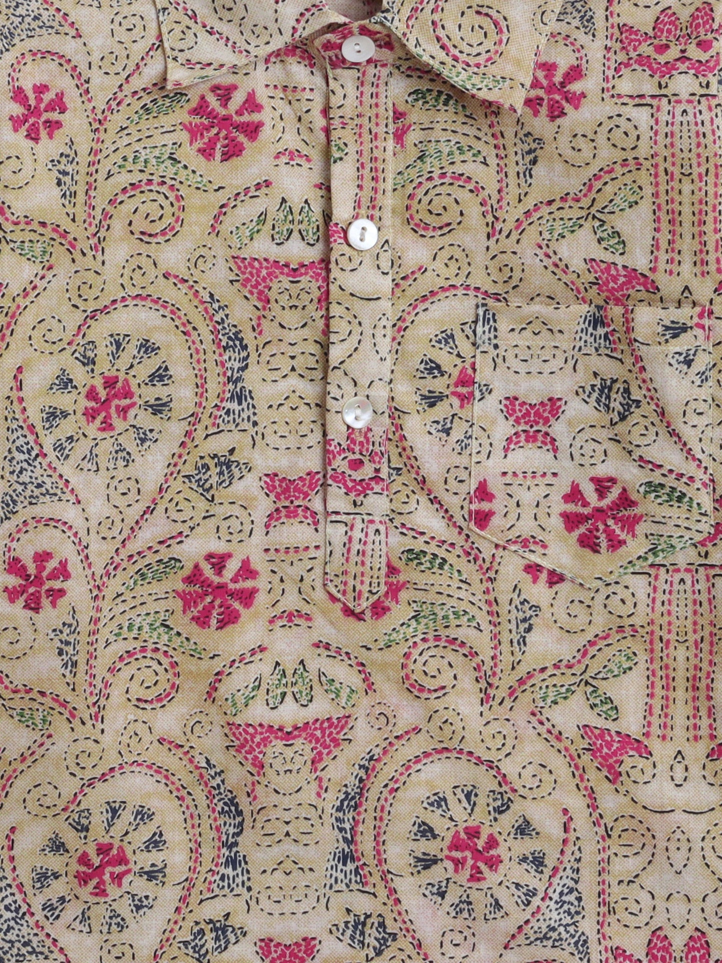 Cotton Full Sleeves Floral Printed Kurta Pyjama Set - Beige & Pink