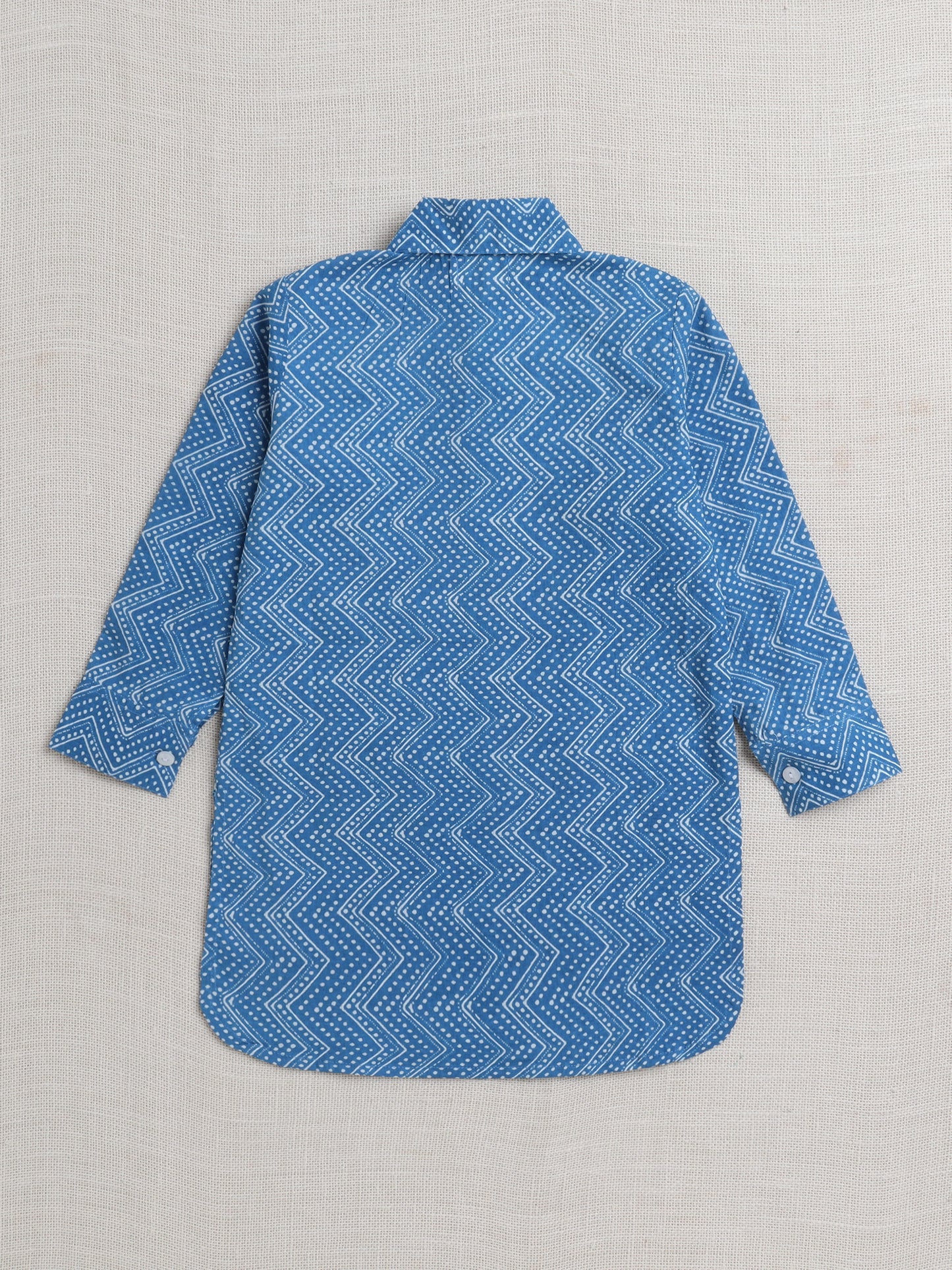 Cotton Full Sleeves Chevron Printed Pathani Kurta With Pyjama Set - Blue